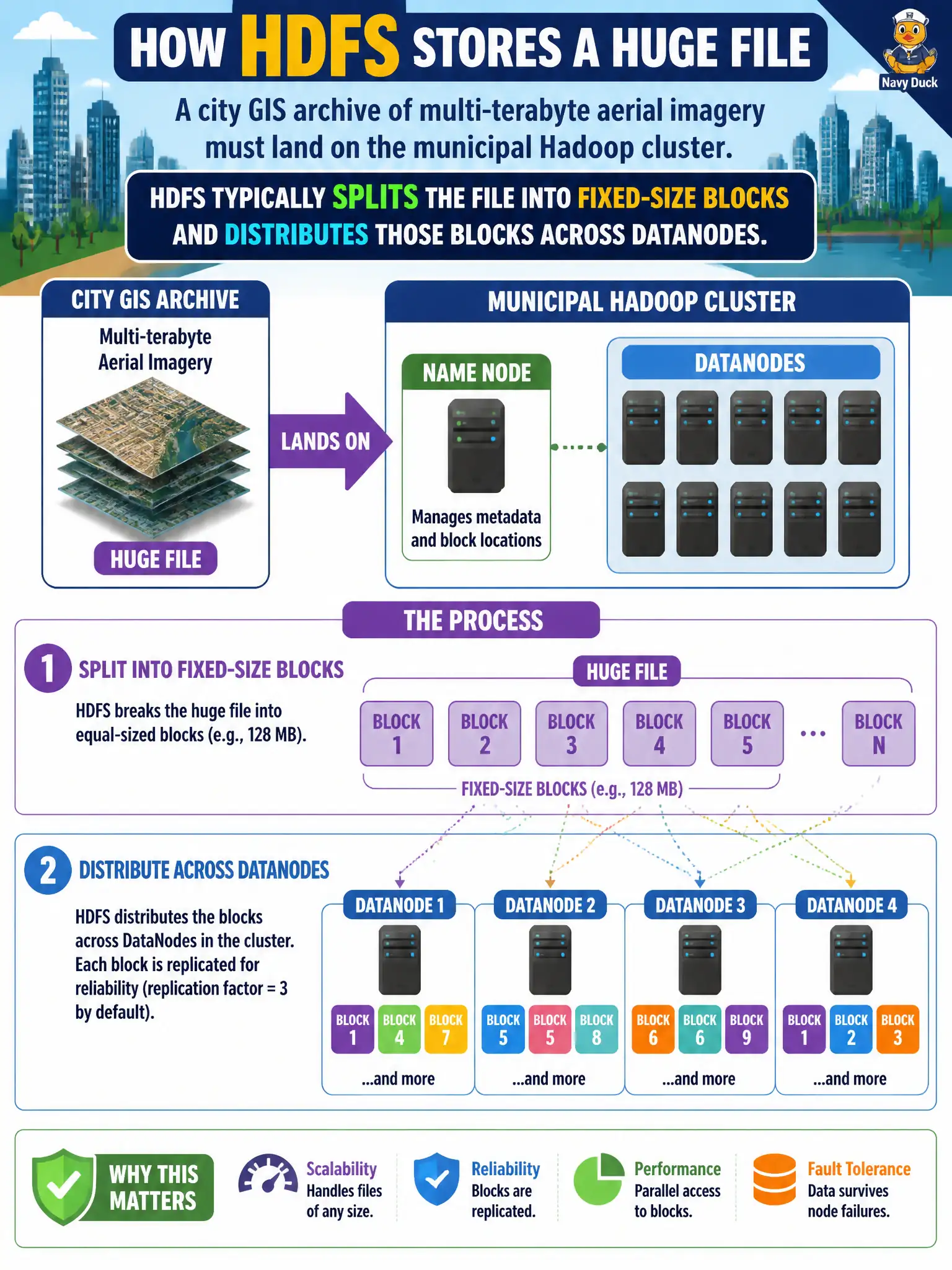 To Create an exciting colorful infographic that explains the concepts in the question: Question: A city GIS archive of multi-terabyte aerial imagery must land on the municipal Hadoop cluster. How does HDFS typically store each huge file? Correct Answer: It splits the file into fixed-size blocks and distributes those blocks across DataNodes. Put EVERY visible label in double quotes. No people. No A/B/C/D letters. In one of the four corners put a little "Navy Duck".