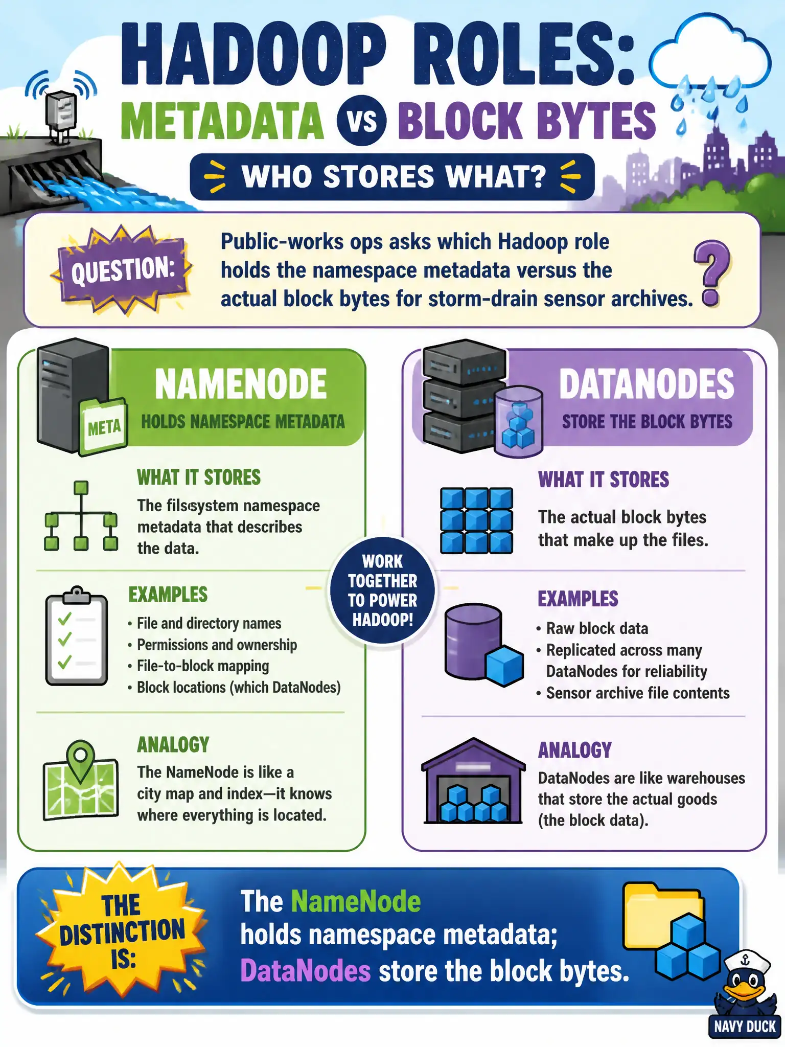 To Create an exciting colorful infographic that explains the concepts in the question: Question: Public-works ops asks which Hadoop role holds the namespace metadata versus the actual block bytes for storm-drain sensor archives. Which distinction is correct? Correct Answer: The NameNode holds namespace metadata; DataNodes store the block bytes. Put EVERY visible label in double quotes. No people. No A/B/C/D letters. In one of the four corners put a little "Navy Duck".