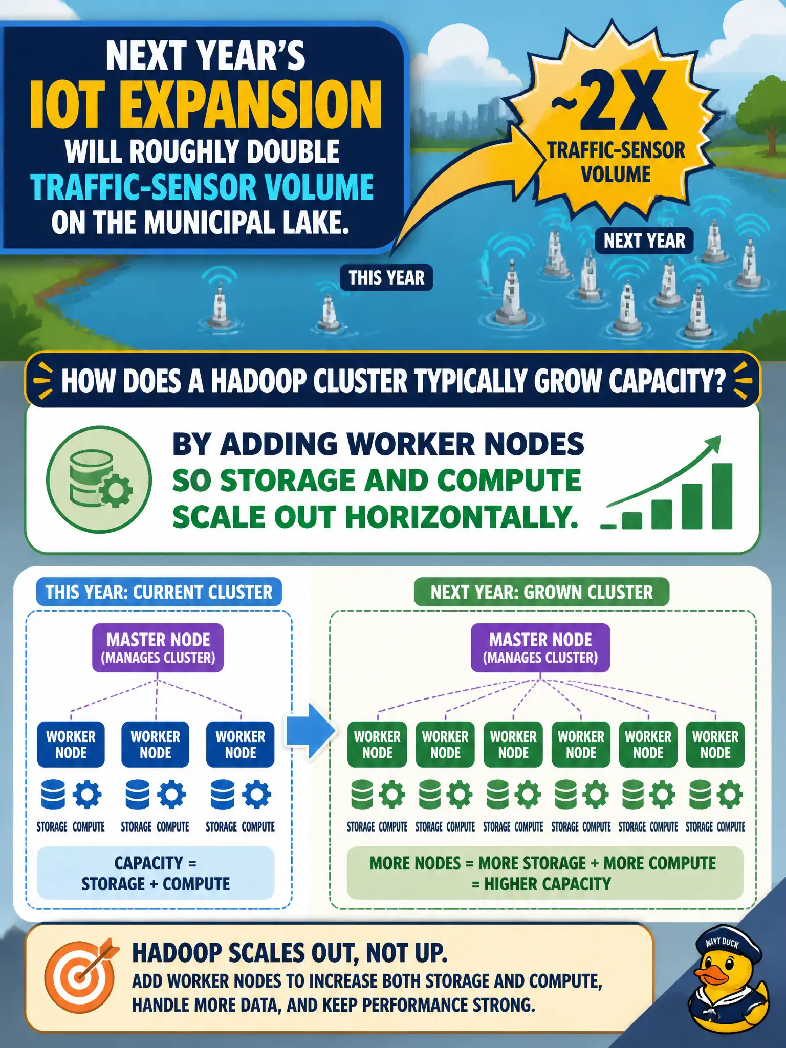 To Create an exciting colorful infographic that explains the concepts in the question: Question: Next year’s IoT expansion will roughly double traffic-sensor volume on the municipal lake. How does a Hadoop cluster typically grow capacity? Correct Answer: By adding worker nodes so storage and compute scale out horizontally. Put EVERY visible label in double quotes. No people. No A/B/C/D letters. In one of the four corners put a little "Navy Duck".