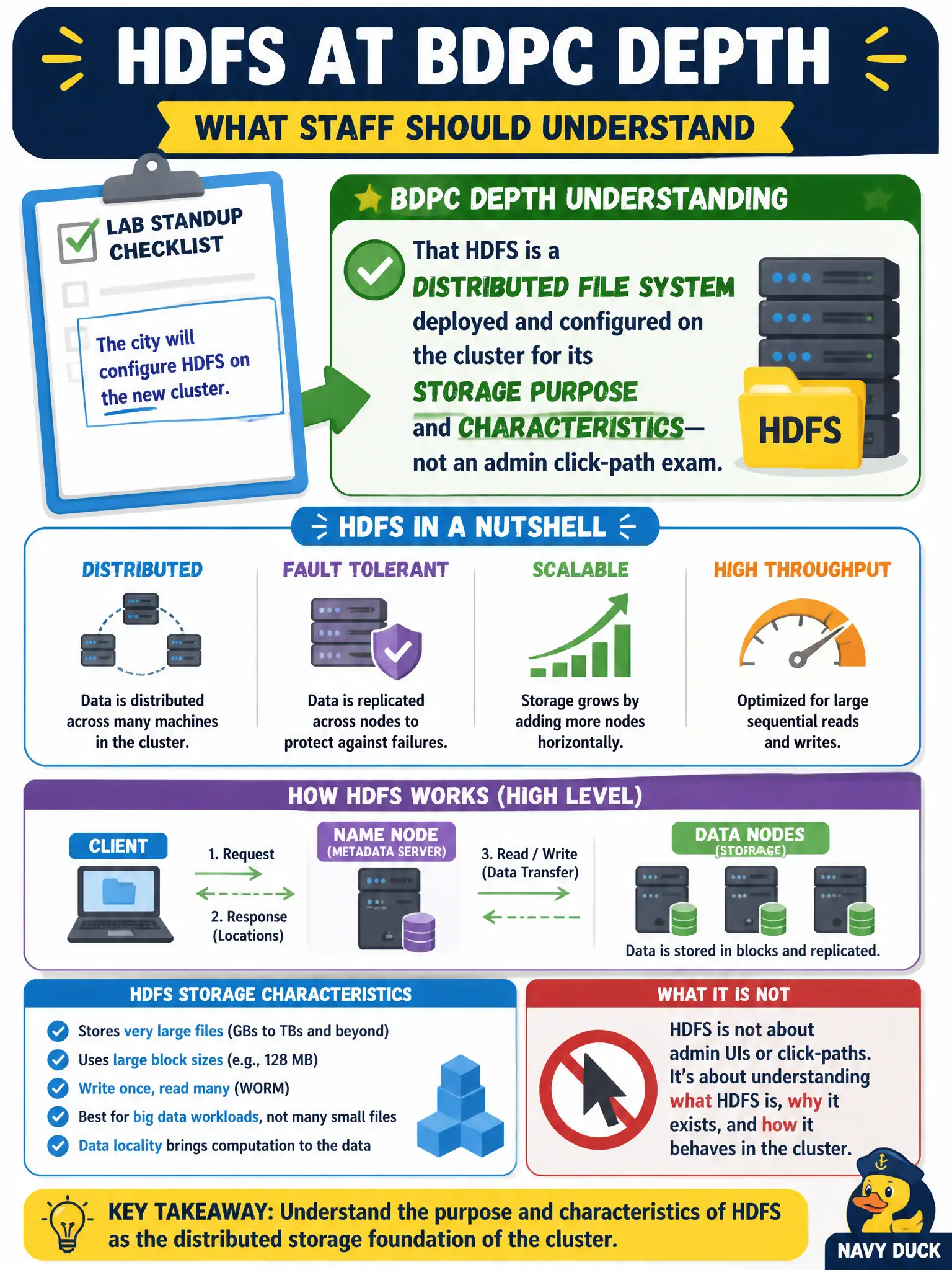 To Create an exciting colorful infographic that explains the concepts in the question: Question: A lab standup checklist says the city will configure HDFS on the new cluster. At BDPC depth, what should staff understand? Correct Answer: That HDFS is a distributed file system deployed and configured on the cluster for its storage purpose and characteristics—not an admin click-path exam. Put EVERY visible label in double quotes. No people. No A/B/C/D letters. In one of the four corners put a little "Navy Duck".