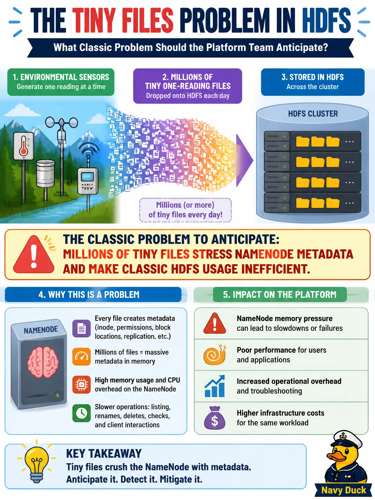 To Create an exciting colorful infographic that explains the concepts in the question: Question: Environmental sensors drop millions of tiny one-reading files onto HDFS each day. What classic problem should the platform team anticipate? Correct Answer: Millions of tiny files stress NameNode metadata and make classic HDFS usage inefficient. Put EVERY visible label in double quotes. No people. No A/B/C/D letters. In one of the four corners put a little "Navy Duck".