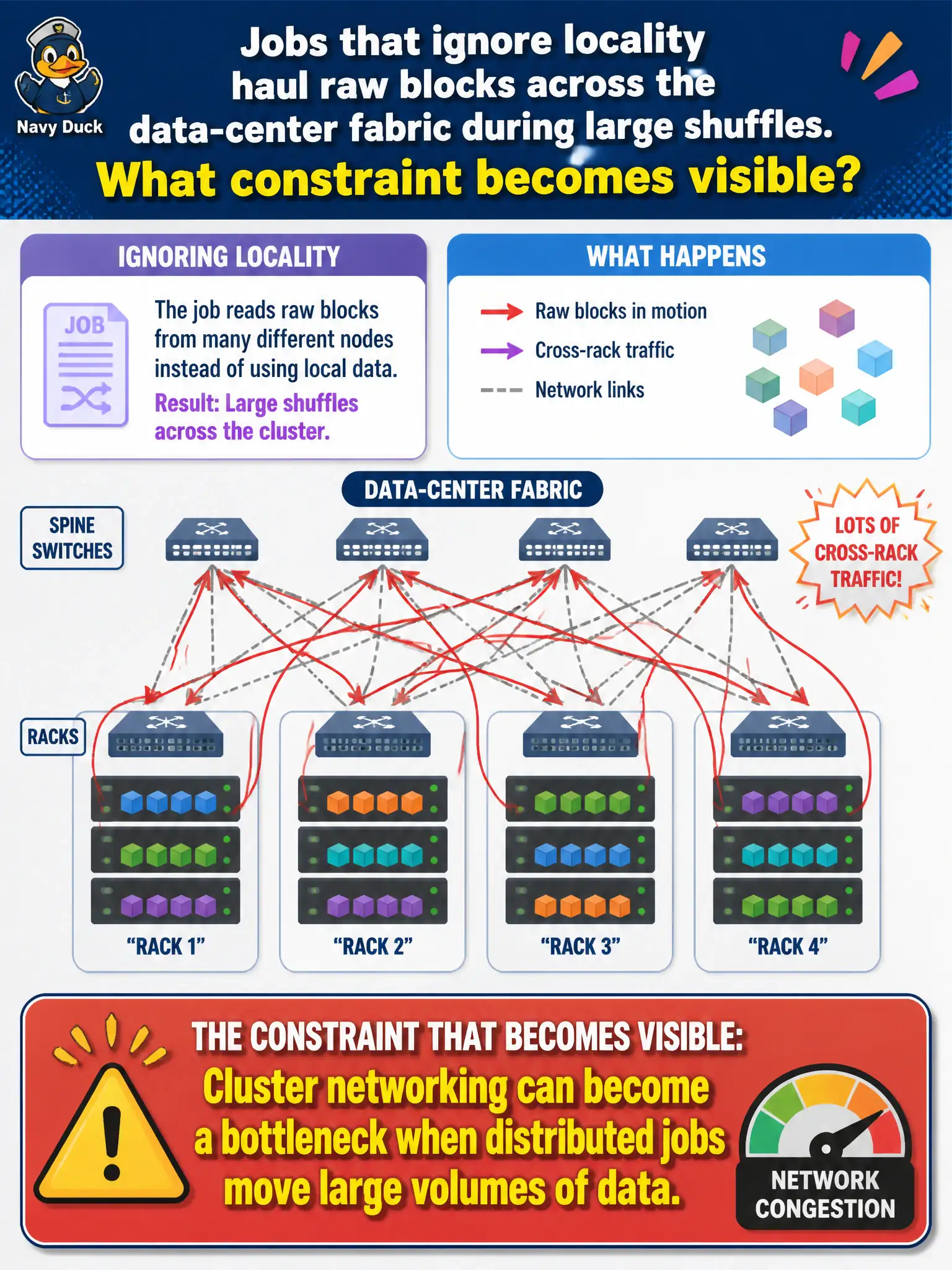 To Create an exciting colorful infographic that explains the concepts in the question: Question: Jobs that ignore locality haul raw blocks across the data-center fabric during large shuffles. What constraint becomes visible? Correct Answer: Cluster networking can become a bottleneck when distributed jobs move large volumes of data. Put EVERY visible label in double quotes. No people. No A/B/C/D letters. In one of the four corners put a little "Navy Duck".