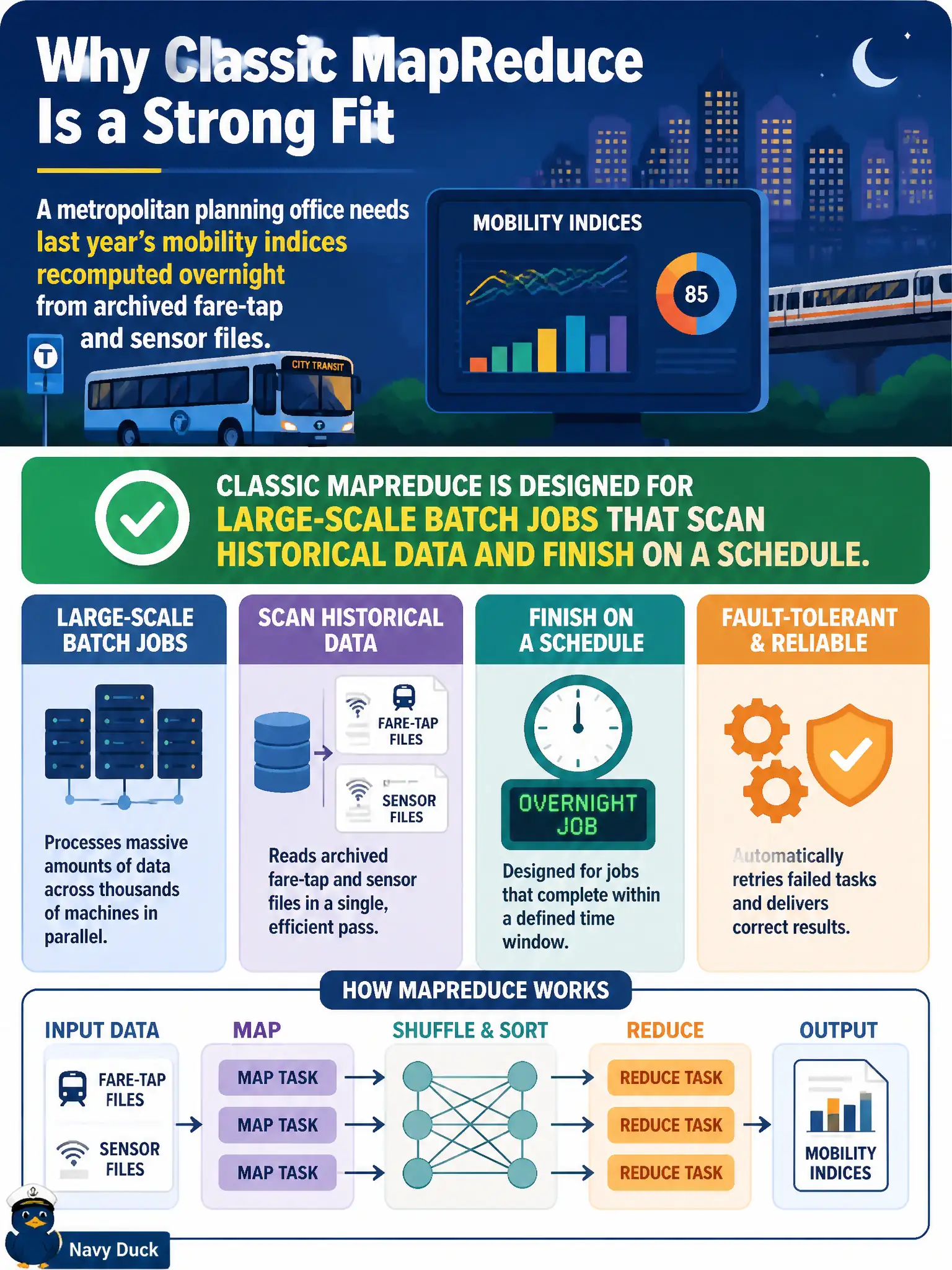 To Create an exciting colorful infographic that explains the concepts in the question: Question: A metropolitan planning office needs last year's mobility indices recomputed overnight from archived fare-tap and sensor files. Why is classic MapReduce a strong fit? Correct Answer: It is designed for large-scale batch jobs that scan historical data and finish on a schedule Put EVERY visible label in double quotes. No people. No A/B/C/D letters. In one of the four corners put a little "Navy Duck".