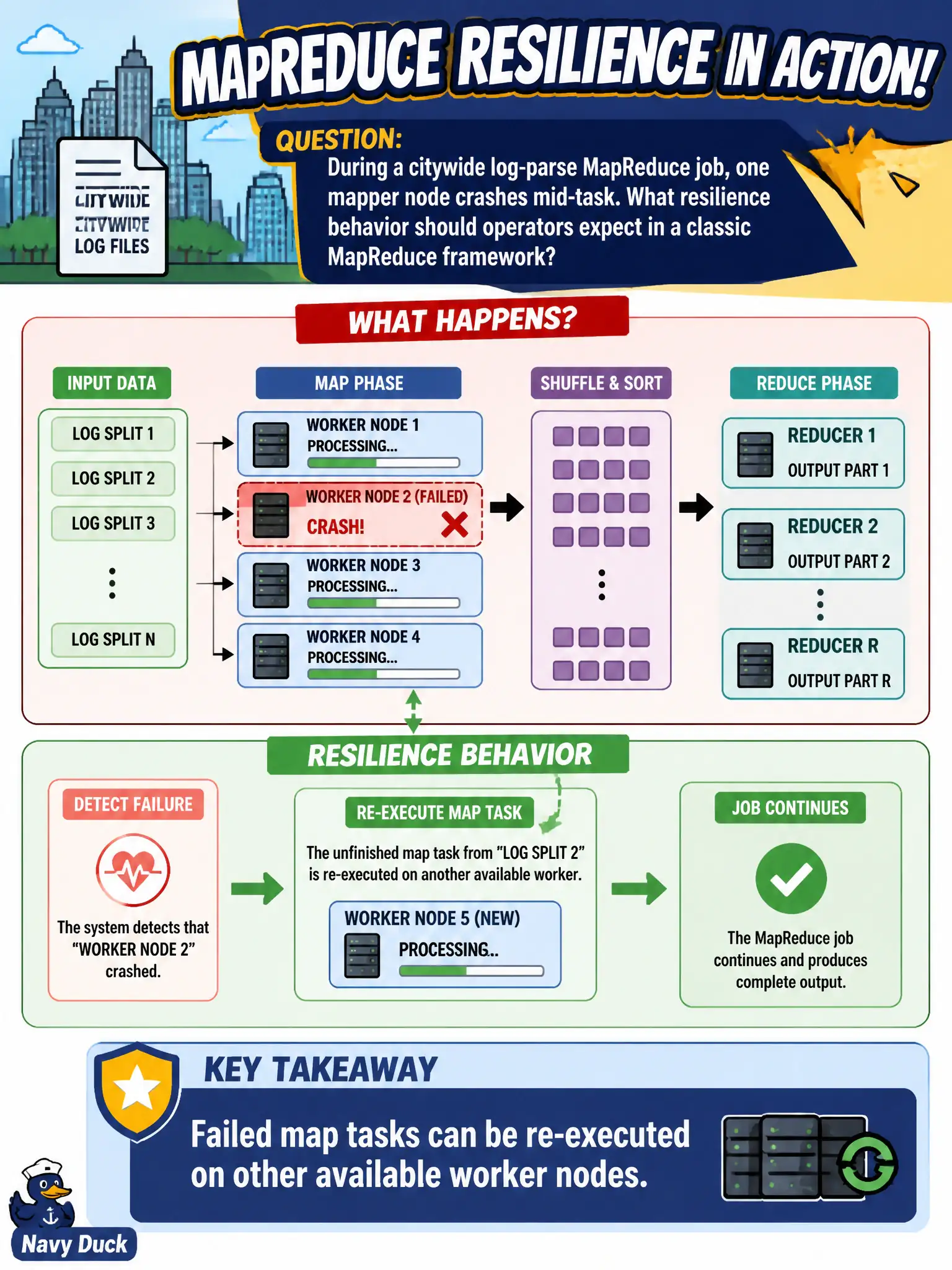 To Create an exciting colorful infographic that explains the concepts in the question: Question: During a citywide log-parse MapReduce job, one mapper node crashes mid-task. What resilience behavior should operators expect in a classic MapReduce framework? Correct Answer: Failed map tasks can be re-executed on other available worker nodes Put EVERY visible label in double quotes. No people. No A/B/C/D letters. In one of the four corners put a little "Navy Duck".