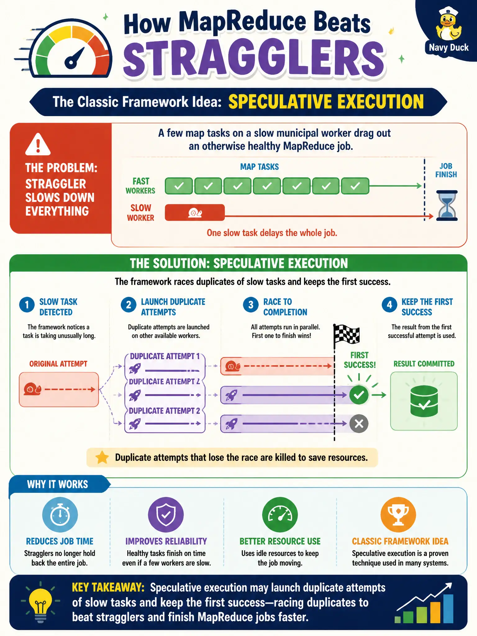 To Create an exciting colorful infographic that explains the concepts in the question: Question: A few map tasks on a slow municipal worker drag out an otherwise healthy MapReduce job. Which classic framework idea races duplicates to mitigate stragglers? Correct Answer: Speculative execution that may launch duplicate attempts of slow tasks and keep the first success Put EVERY visible label in double quotes. No people. No A/B/C/D letters. In one of the four corners put a little "Navy Duck".