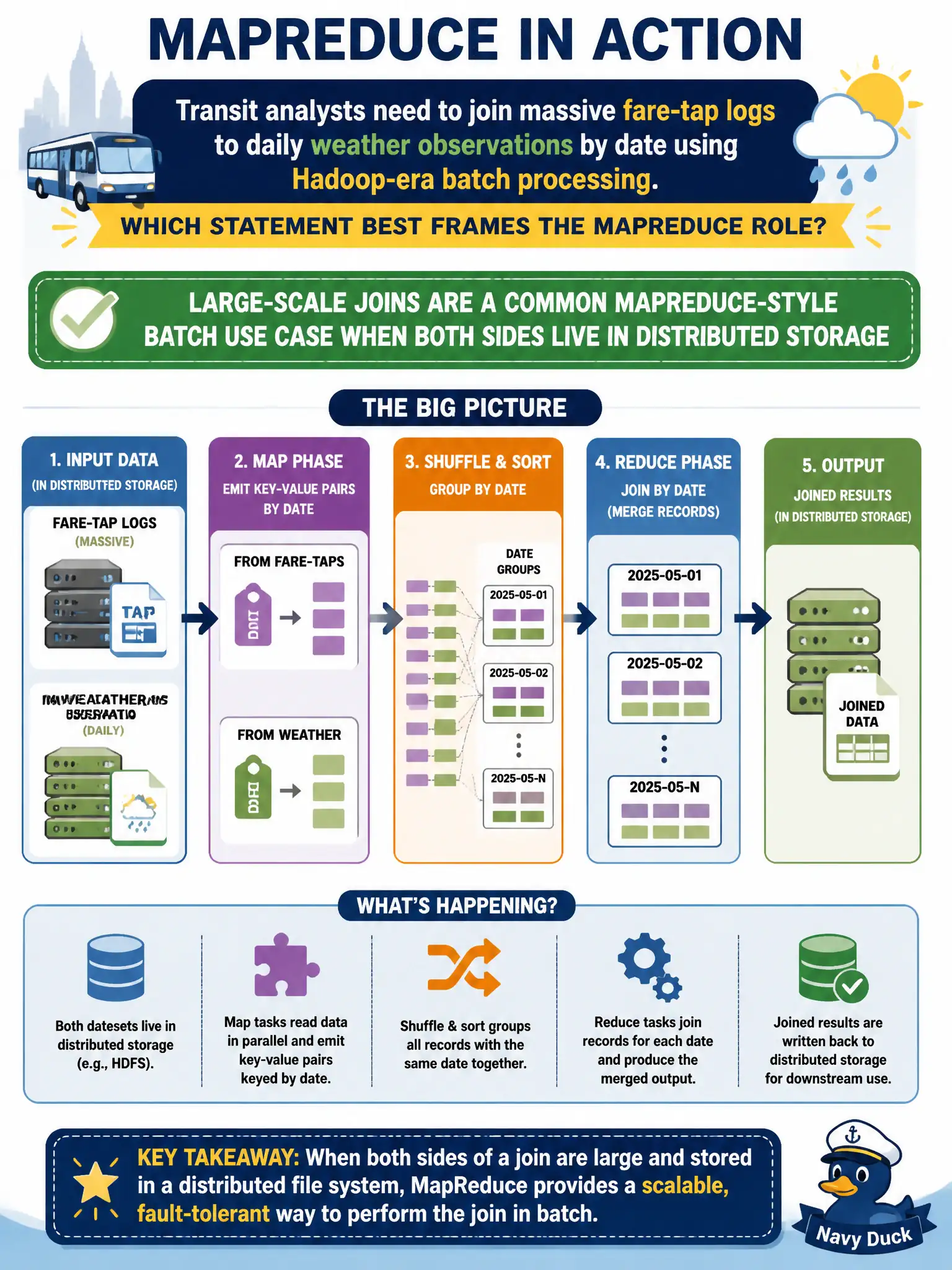 To Create an exciting colorful infographic that explains the concepts in the question: Question: Transit analysts need to join massive fare-tap logs to daily weather observations by date using Hadoop-era batch processing. Which statement best frames the MapReduce role? Correct Answer: Large-scale joins are a common MapReduce-style batch use case when both sides live in distributed storage Put EVERY visible label in double quotes. No people. No A/B/C/D letters. In one of the four corners put a little "Navy Duck".
