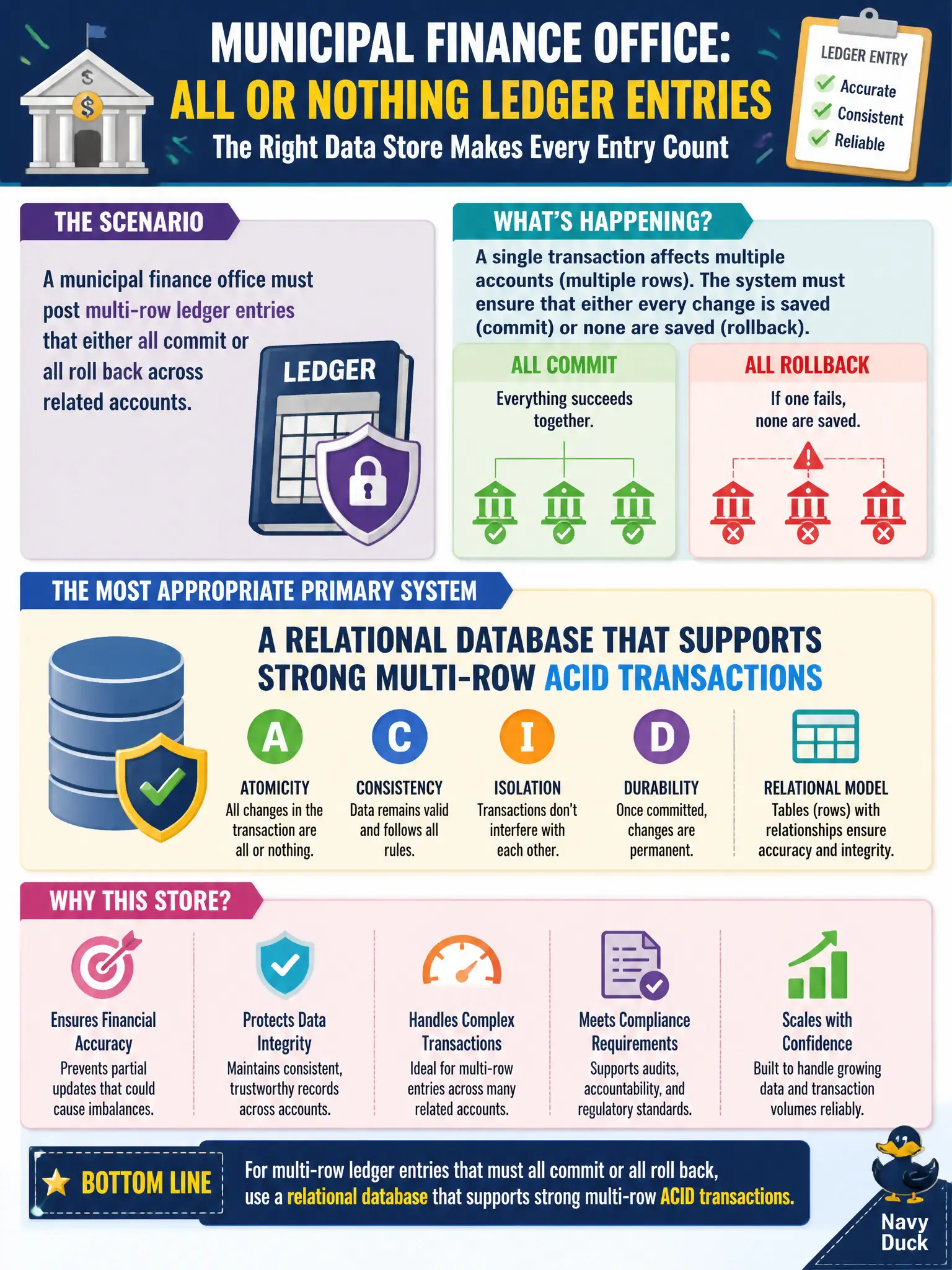 To Create an exciting colorful infographic that explains the concepts in the question: Question: A municipal finance office must post multi-row ledger entries that either all commit or all roll back across related accounts. Which store is the most appropriate primary system? Correct Answer: A relational database that supports strong multi-row ACID transactions Put EVERY visible label in double quotes. No people. No A/B/C/D letters. In one of the four corners put a little "Navy Duck".