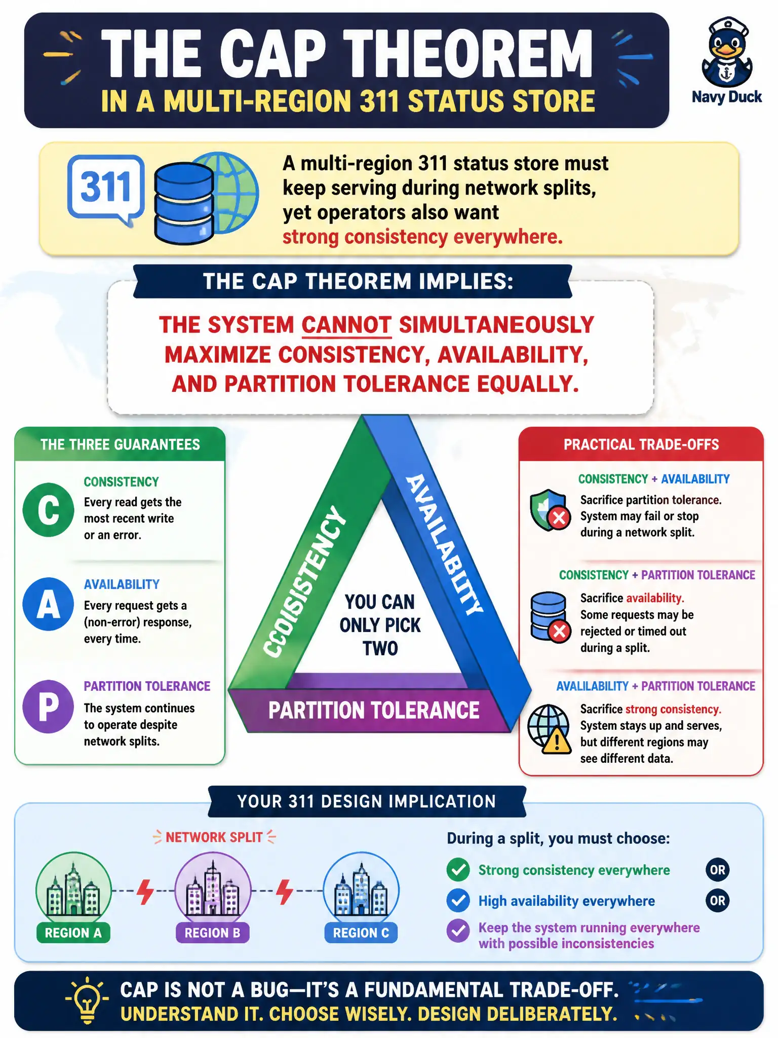 To Create an exciting colorful infographic that explains the concepts in the question: Question: A multi-region 311 status store must keep serving during network splits, yet operators also want strong consistency everywhere. What does the CAP theorem imply for this design? Correct Answer: The system cannot simultaneously maximize consistency, availability, and partition tolerance equally Put EVERY visible label in double quotes. No people. No A/B/C/D letters. In one of the four corners put a little "Navy Duck".