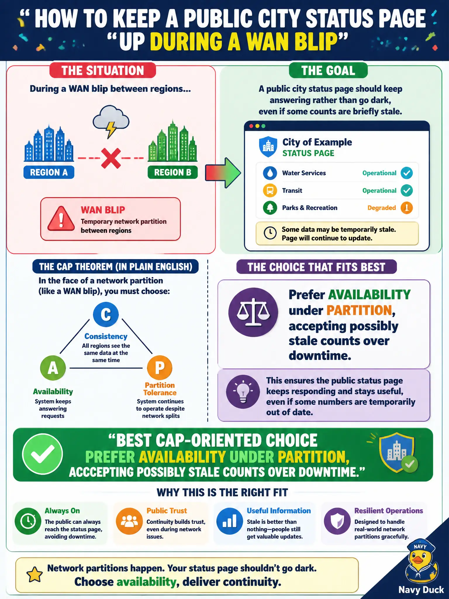 To Create an exciting colorful infographic that explains the concepts in the question: Question: During a WAN blip between regions, a public city status page should keep answering rather than go dark, even if some counts are briefly stale. Which CAP-oriented choice fits best? Correct Answer: Prefer availability under partition, accepting possibly stale counts over downtime Put EVERY visible label in double quotes. No people. No A/B/C/D letters. In one of the four corners put a little "Navy Duck".