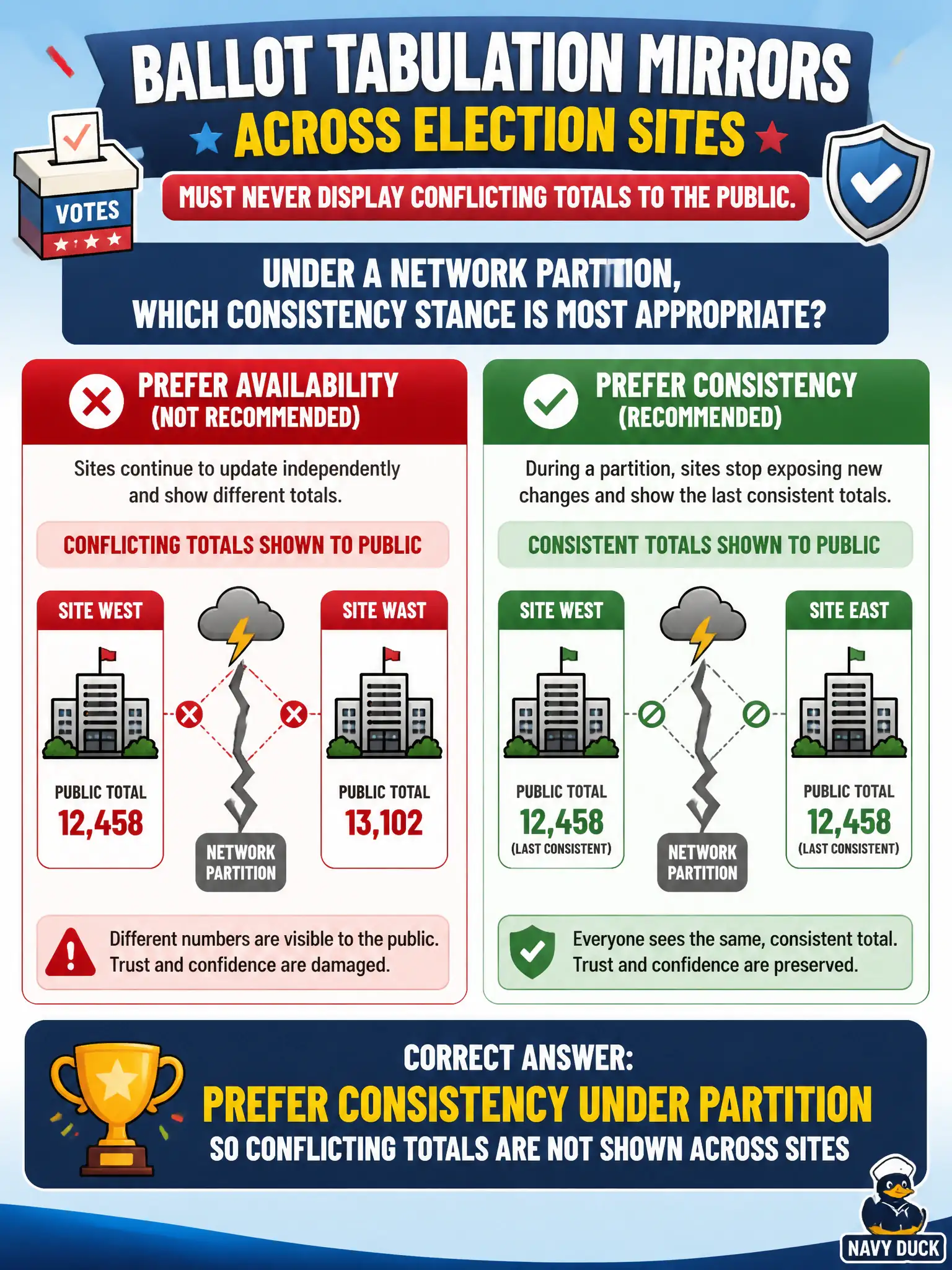 To Create an exciting colorful infographic that explains the concepts in the question: Question: Ballot tabulation mirrors across election sites must never display conflicting totals to the public. Under a network partition, which consistency stance is most appropriate? Correct Answer: Prefer consistency under partition so conflicting totals are not shown across sites Put EVERY visible label in double quotes. No people. No A/B/C/D letters. In one of the four corners put a little "Navy Duck".