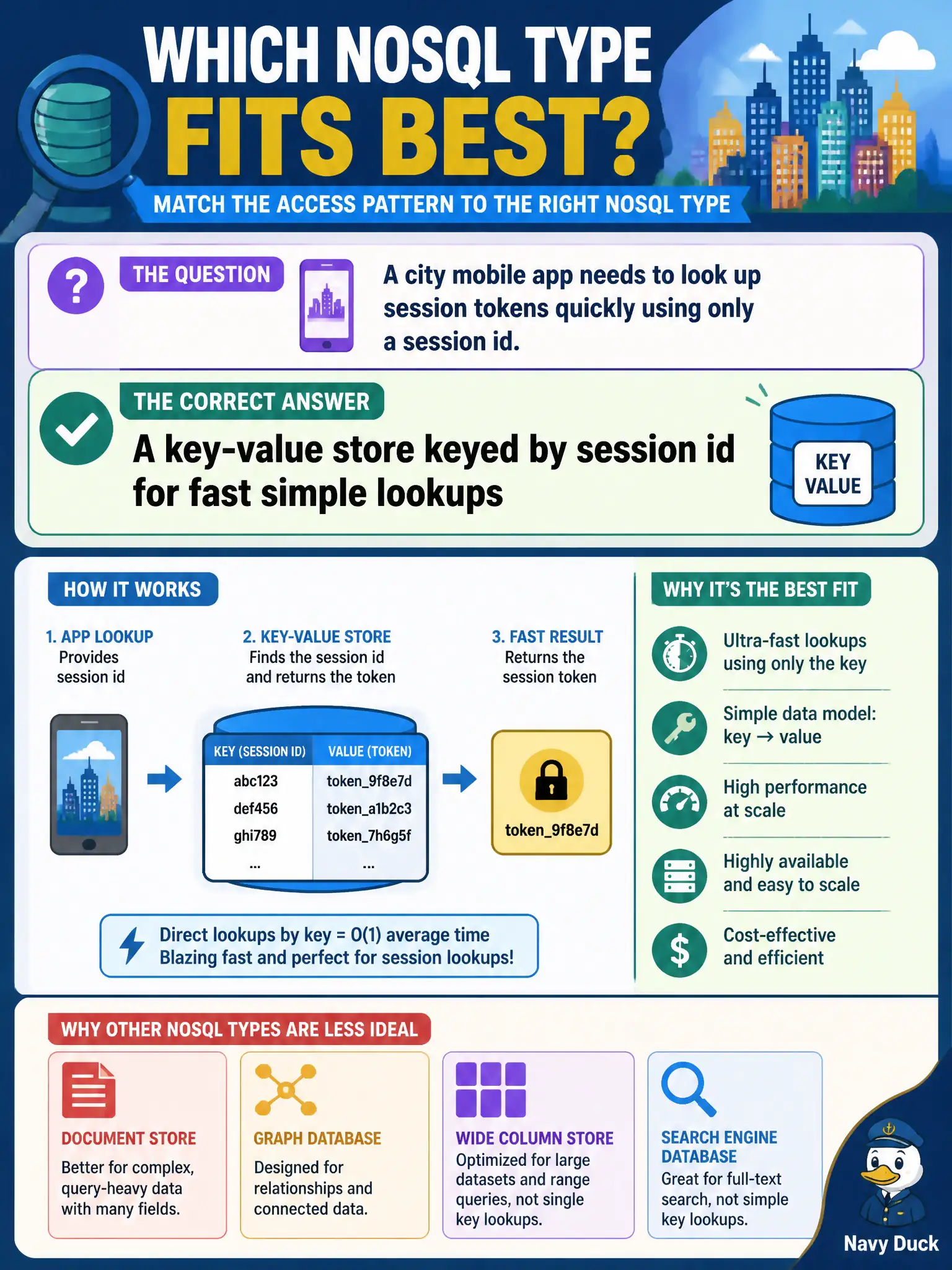 To Create an exciting colorful infographic that explains the concepts in the question: Question: A city mobile app needs to look up session tokens quickly using only a session id. Which NoSQL type fits this access pattern best? Correct Answer: A key-value store keyed by session id for fast simple lookups Put EVERY visible label in double quotes. No people. No A/B/C/D letters. In one of the four corners put a little "Navy Duck".