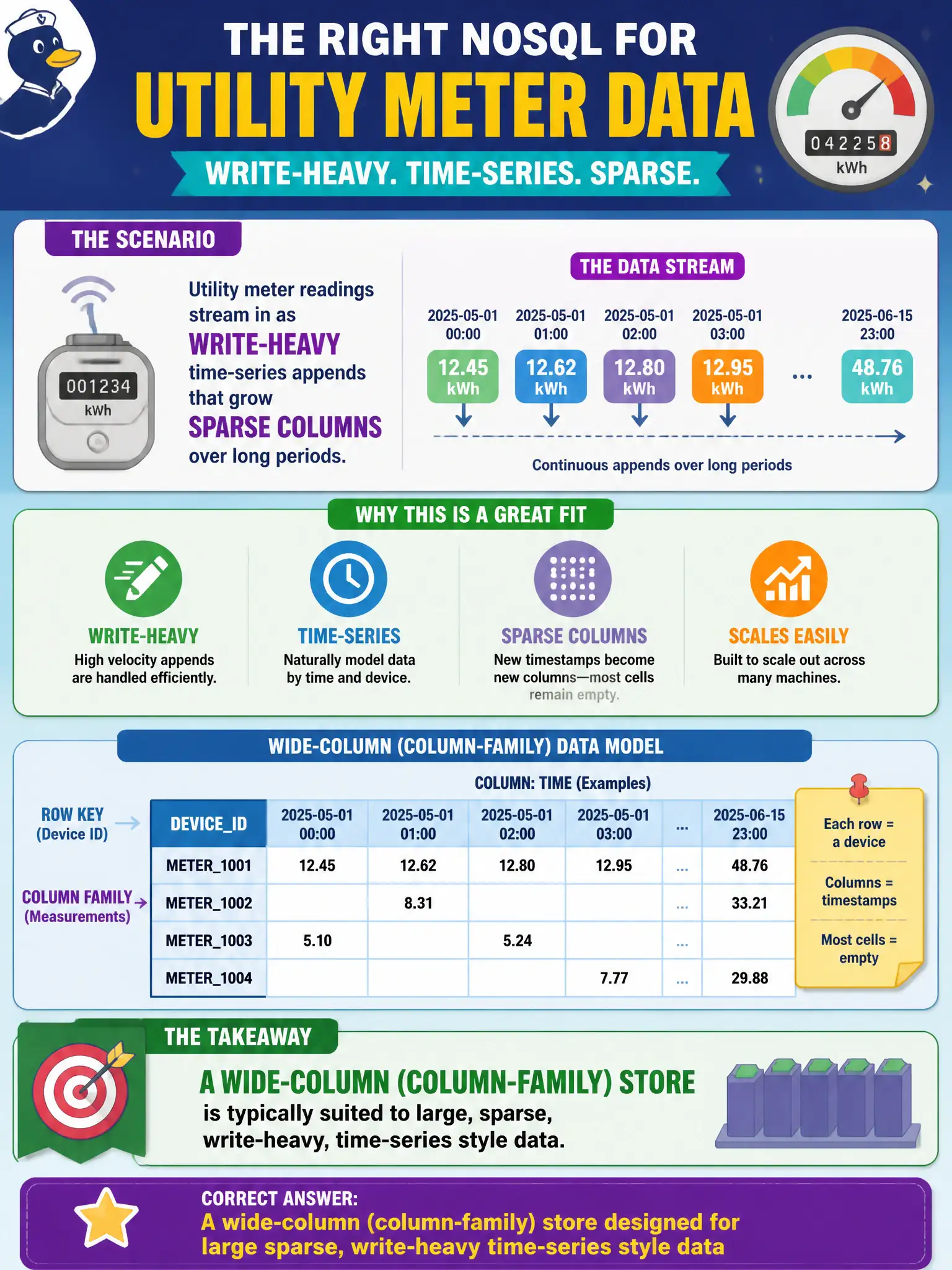 To Create an exciting colorful infographic that explains the concepts in the question: Question: Utility meter readings stream in as write-heavy time-series appends that grow sparse columns over long periods. Which NoSQL family is typically suited to this pattern? Correct Answer: A wide-column (column-family) store designed for large sparse, write-heavy time-series style data Put EVERY visible label in double quotes. No people. No A/B/C/D letters. In one of the four corners put a little "Navy Duck".