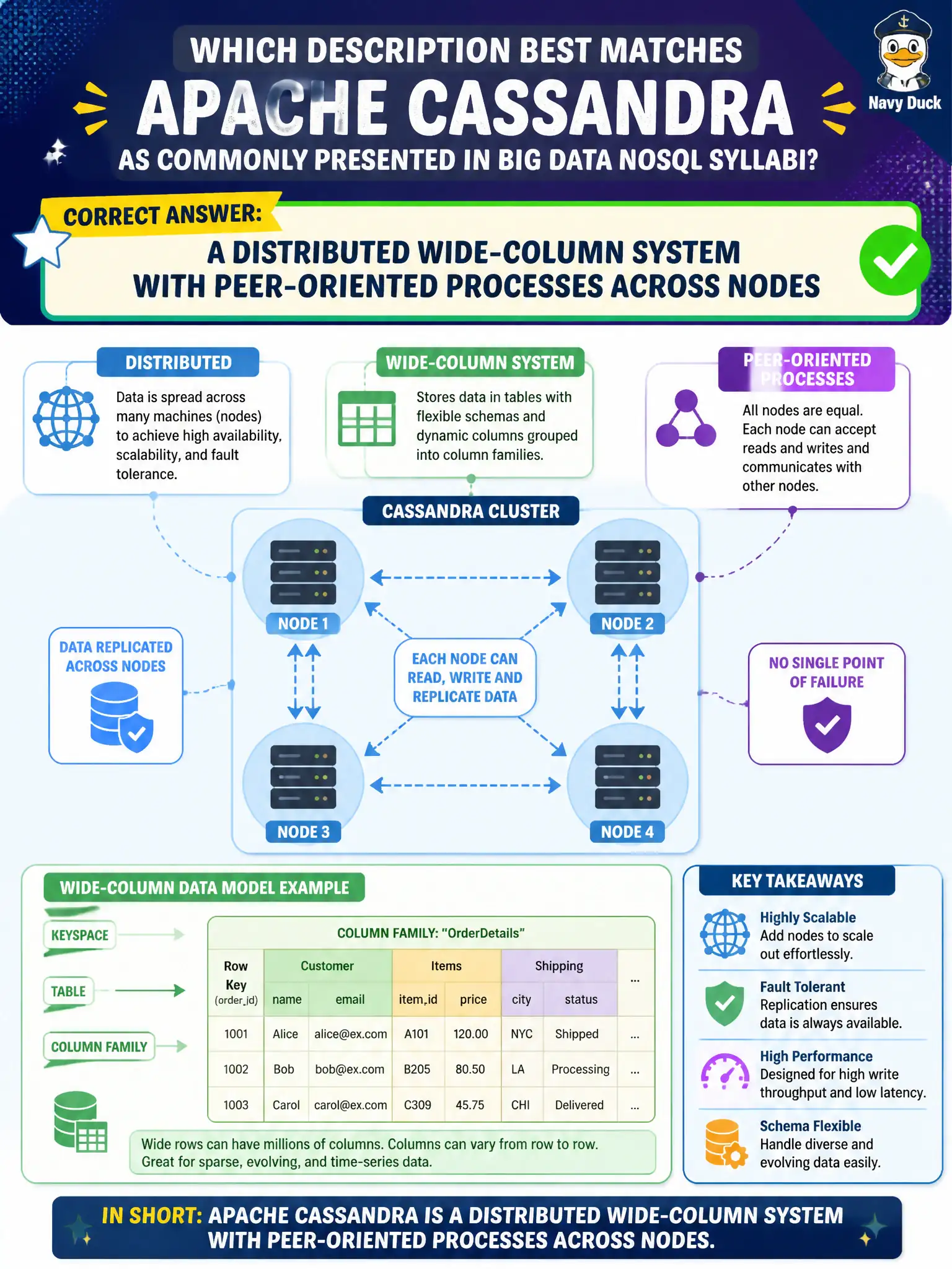 To Create an exciting colorful infographic that explains the concepts in the question: Question: Which description best matches Apache Cassandra as commonly presented in Big Data NoSQL syllabi? Correct Answer: A distributed wide-column system with peer-oriented processes across nodes Put EVERY visible label in double quotes. No people. No A/B/C/D letters. In one of the four corners put a little "Navy Duck".