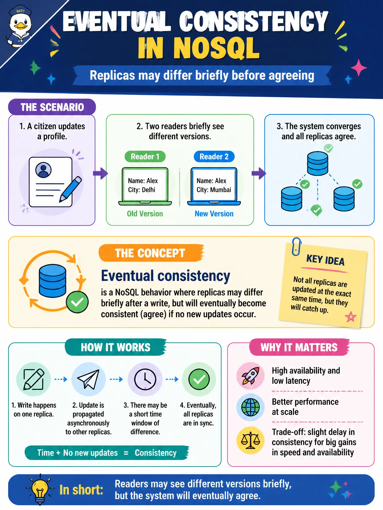 To Create an exciting colorful infographic that explains the concepts in the question: Question: After a citizen updates a profile, two readers briefly see different versions before the system converges. What NoSQL behavior does this illustrate? Correct Answer: Eventual consistency, where replicas may differ briefly before agreeing Put EVERY visible label in double quotes. No people. No A/B/C/D letters. In one of the four corners put a little "Navy Duck".