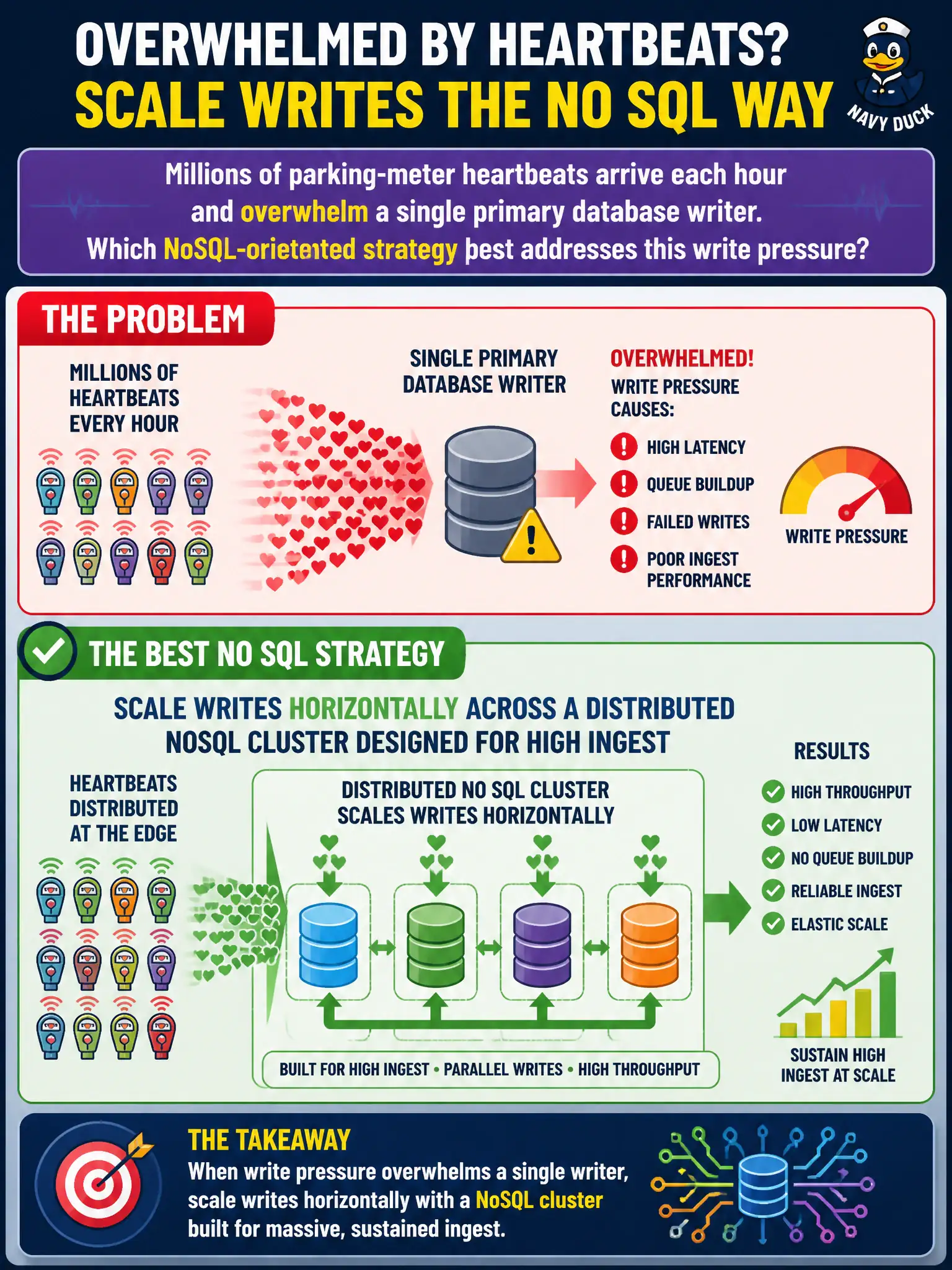 To Create an exciting colorful infographic that explains the concepts in the question: Question: Millions of parking-meter heartbeats arrive each hour and overwhelm a single primary database writer. Which NoSQL-oriented strategy best addresses this write pressure? Correct Answer: Scale writes horizontally across a distributed NoSQL cluster designed for high ingest Put EVERY visible label in double quotes. No people. No A/B/C/D letters. In one of the four corners put a little "Navy Duck".