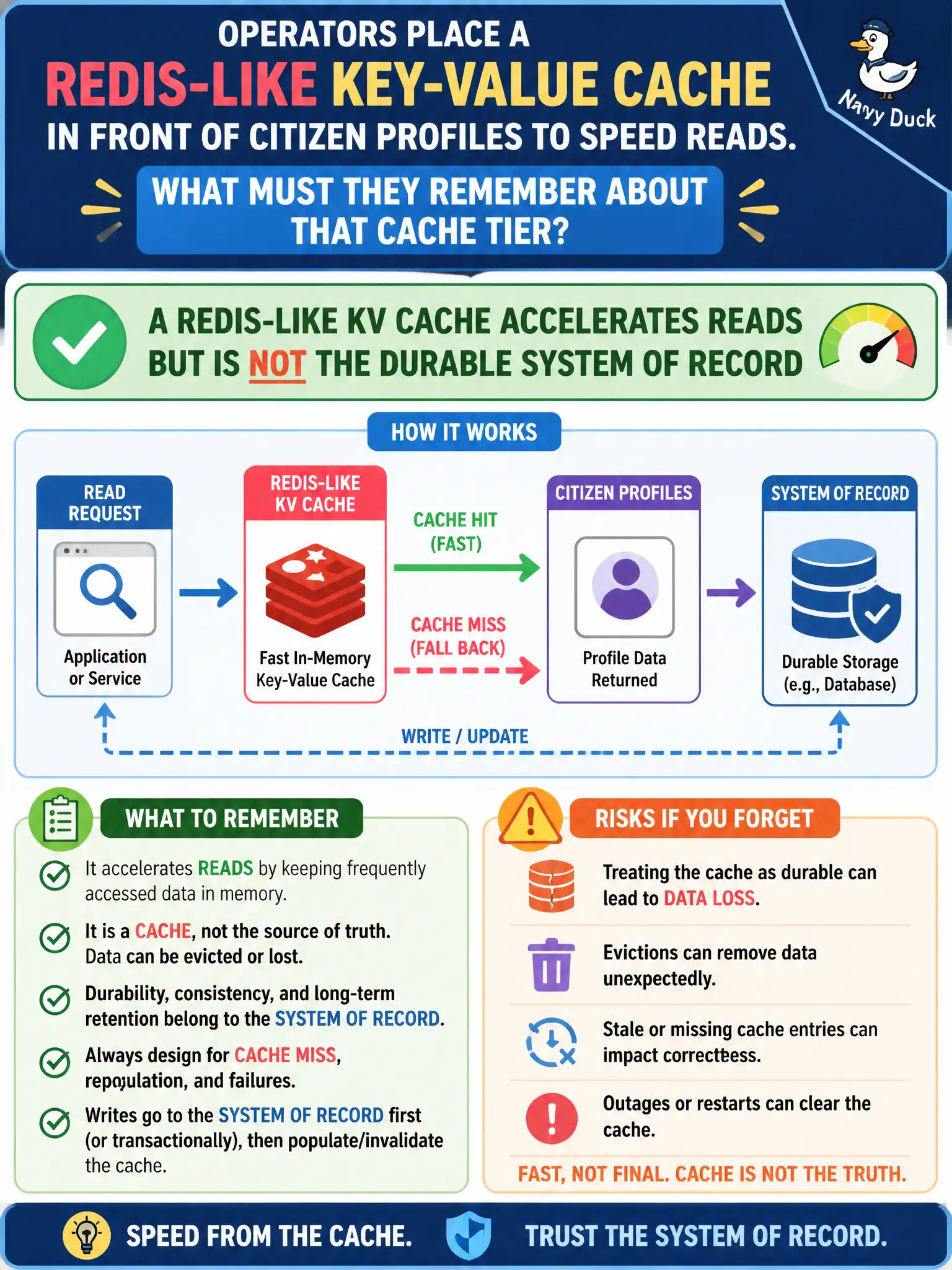 To Create an exciting colorful infographic that explains the concepts in the question: Question: Operators place a Redis-like key-value cache in front of citizen profiles to speed reads. What must they remember about that cache tier? Correct Answer: A Redis-like KV cache accelerates reads but is not the durable system of record Put EVERY visible label in double quotes. No people. No A/B/C/D letters. In one of the four corners put a little "Navy Duck".