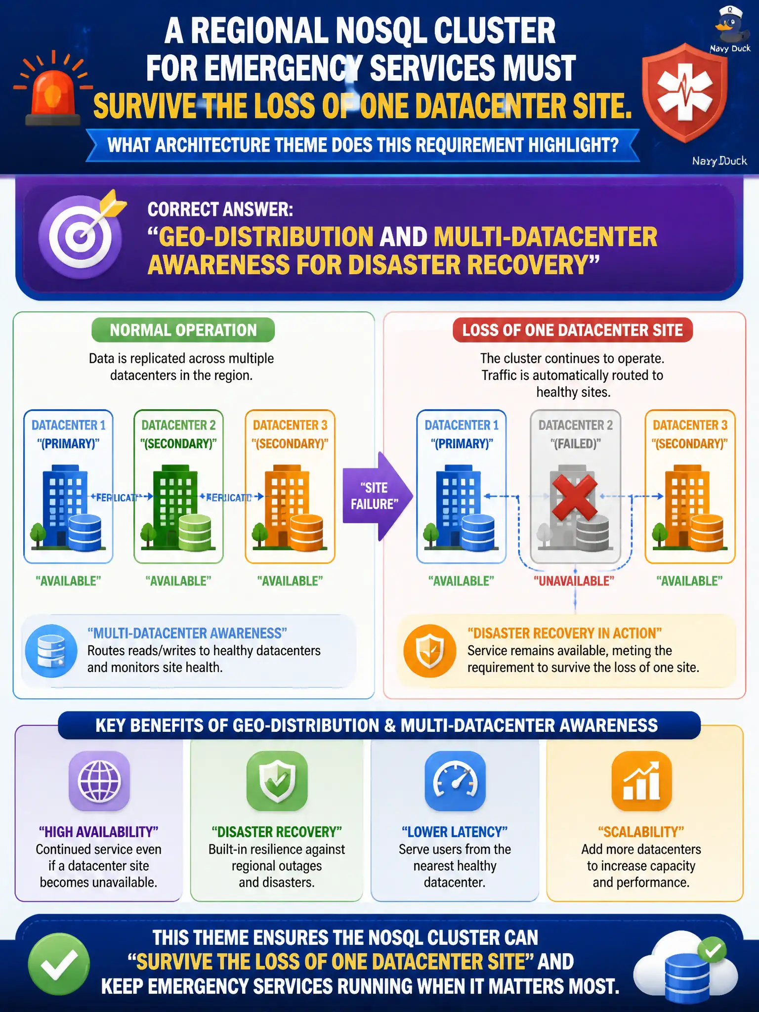 To Create an exciting colorful infographic that explains the concepts in the question: Question: A regional NoSQL cluster for emergency services must survive the loss of one datacenter site. What architecture theme does this requirement highlight? Correct Answer: Geo-distribution and multi-datacenter awareness for disaster recovery Put EVERY visible label in double quotes. No people. No A/B/C/D letters. In one of the four corners put a little "Navy Duck".