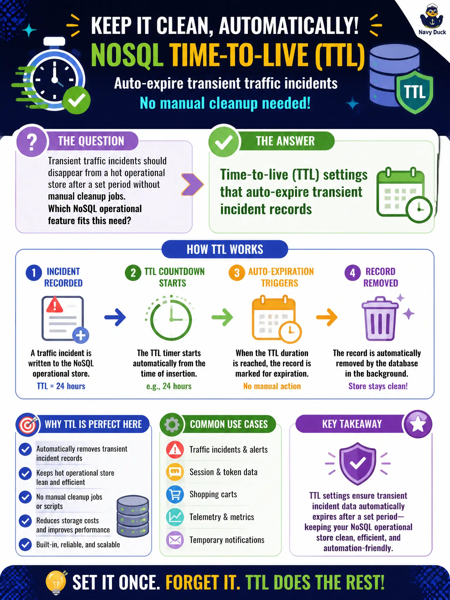 To Create an exciting colorful infographic that explains the concepts in the question: Question: Transient traffic incidents should disappear from a hot operational store after a set period without manual cleanup jobs. Which NoSQL operational feature fits this need? Correct Answer: Time-to-live (TTL) settings that auto-expire transient incident records Put EVERY visible label in double quotes. No people. No A/B/C/D letters. In one of the four corners put a little "Navy Duck".