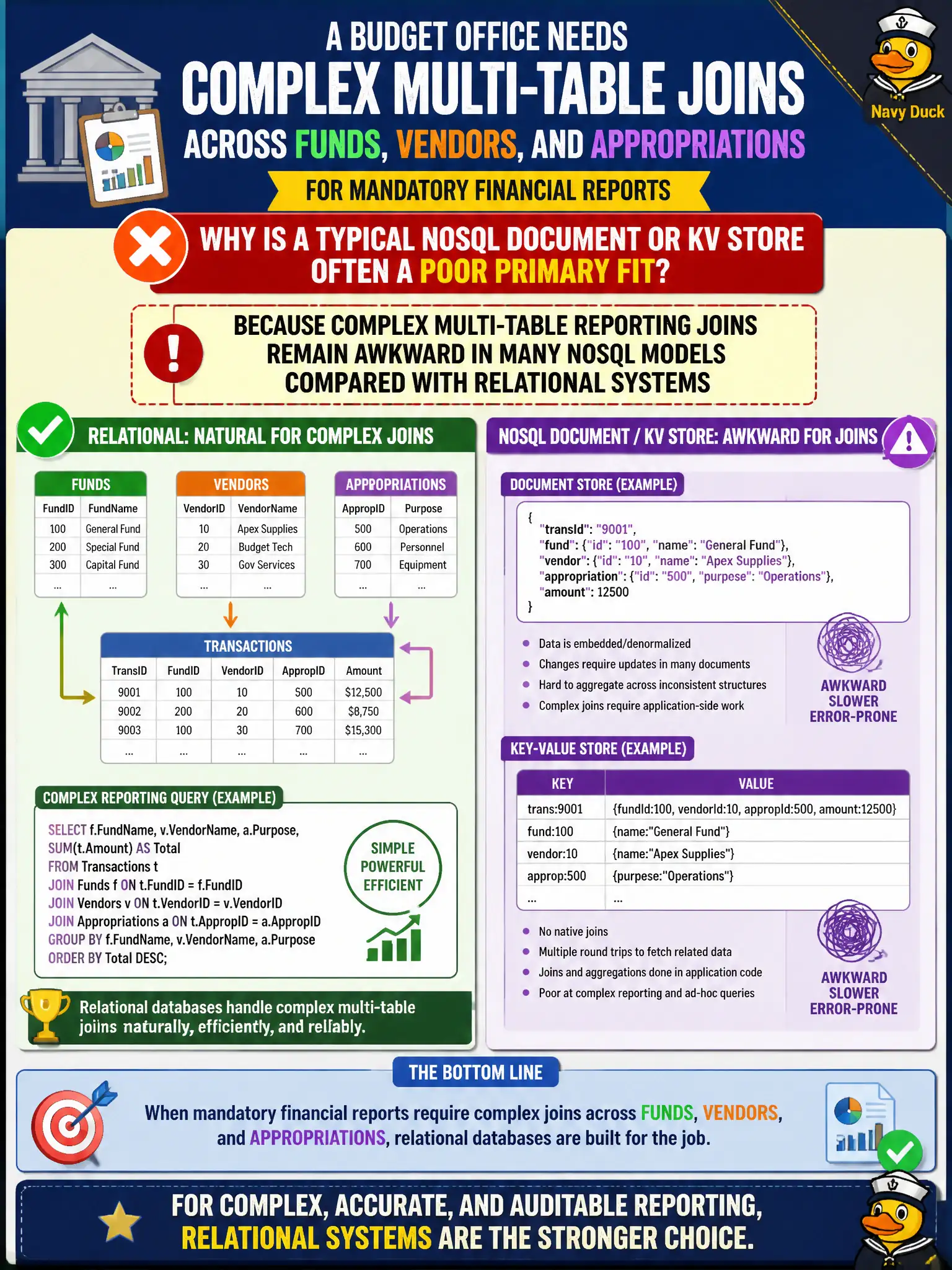 To Create an exciting colorful infographic that explains the concepts in the question: Question: A budget office needs complex multi-table joins across funds, vendors, and appropriations for mandatory financial reports. Why is a typical NoSQL document or KV store often a poor primary fit? Correct Answer: Because complex multi-table reporting joins remain awkward in many NoSQL models compared with relational systems Put EVERY visible label in double quotes. No people. No A/B/C/D letters. In one of the four corners put a little "Navy Duck".