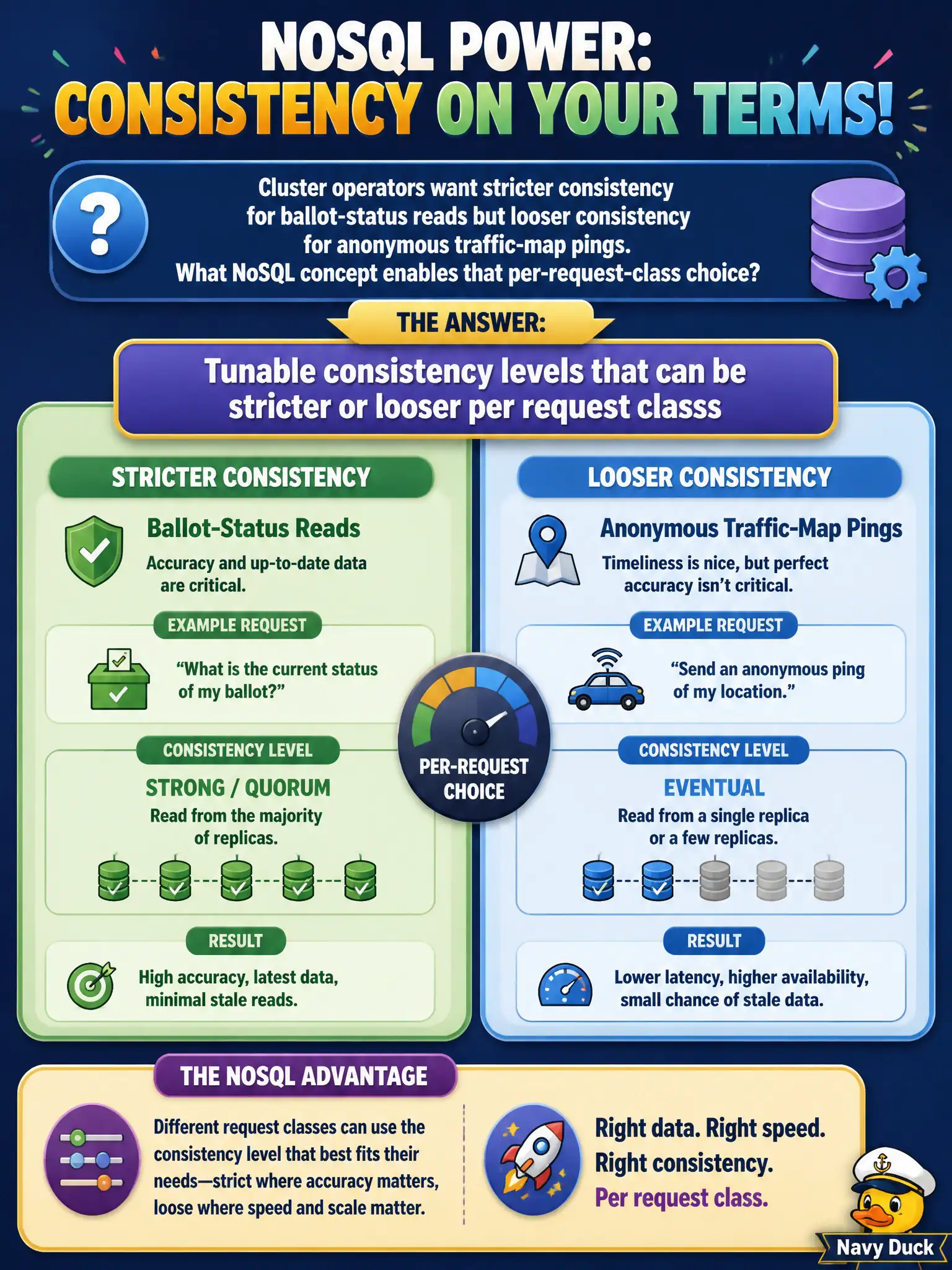 To Create an exciting colorful infographic that explains the concepts in the question: Question: Cluster operators want stricter consistency for ballot-status reads but looser consistency for anonymous traffic-map pings. What NoSQL concept enables that per-request-class choice? Correct Answer: Tunable consistency levels that can be stricter or looser per request class Put EVERY visible label in double quotes. No people. No A/B/C/D letters. In one of the four corners put a little "Navy Duck".