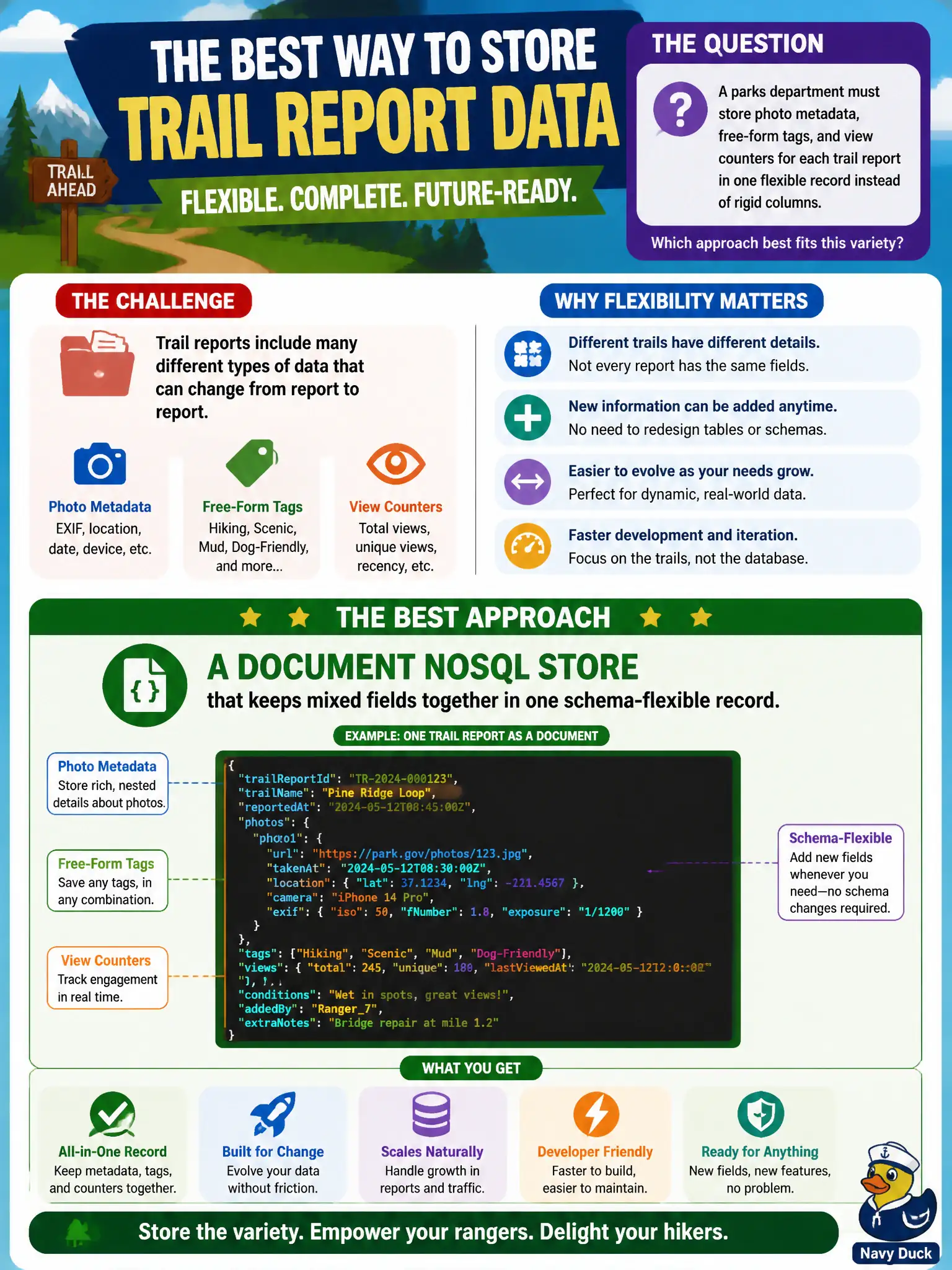 To Create an exciting colorful infographic that explains the concepts in the question: Question: A parks department must store photo metadata, free-form tags, and view counters for each trail report in one flexible record instead of rigid columns. Which approach best fits this variety? Correct Answer: A document NoSQL store that keeps mixed fields together in one schema-flexible record. Put EVERY visible label in double quotes. No people. No A/B/C/D letters. In one of the four corners put a little "Navy Duck".