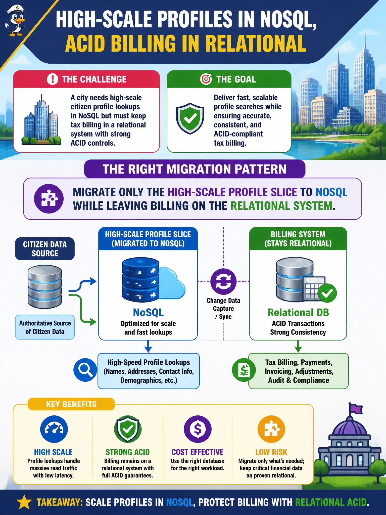 To Create an exciting colorful infographic that explains the concepts in the question: Question: A city wants high-scale citizen profile lookups in NoSQL but must keep tax billing in a relational system with strong ACID controls. What migration pattern fits? Correct Answer: Migrate only the high-scale profile slice to NoSQL while leaving billing on the relational system. Put EVERY visible label in double quotes. No people. No A/B/C/D letters. In one of the four corners put a little "Navy Duck".