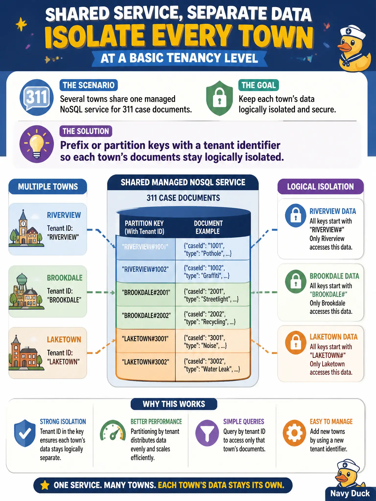 To Create an exciting colorful infographic that explains the concepts in the question: Question: Several towns share one managed NoSQL service for 311 case documents. How should the platform isolate each town’s data at a basic tenancy level? Correct Answer: Prefix or partition keys with a tenant identifier so each town’s documents stay logically isolated. Put EVERY visible label in double quotes. No people. No A/B/C/D letters. In one of the four corners put a little "Navy Duck".