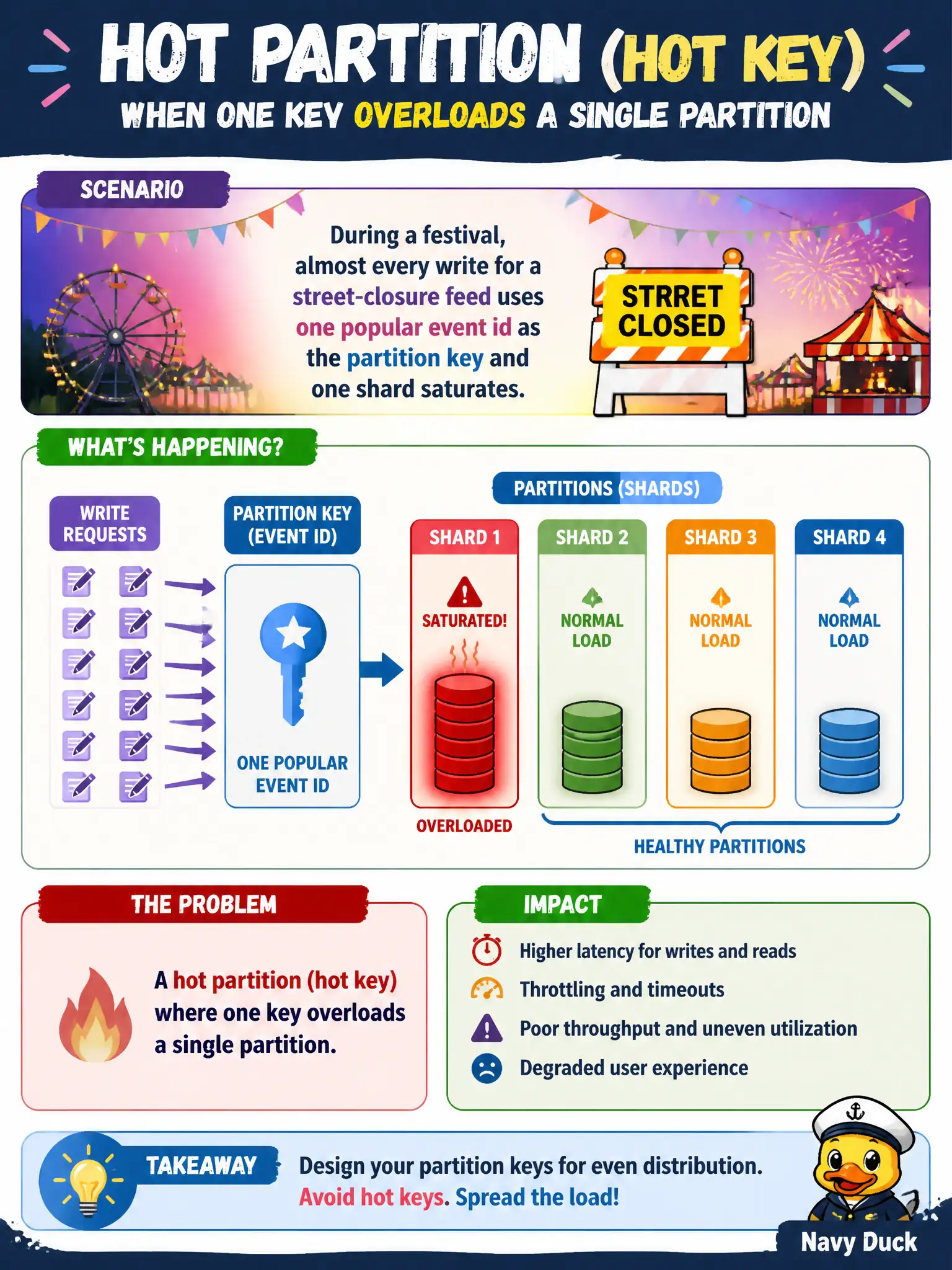 To Create an exciting colorful infographic that explains the concepts in the question: Question: During a festival, almost every write for a street-closure feed uses one popular event id as the partition key and one shard saturates. What problem is this? Correct Answer: A hot partition (hot key) where one key overloads a single partition. Put EVERY visible label in double quotes. No people. No A/B/C/D letters. In one of the four corners put a little "Navy Duck".