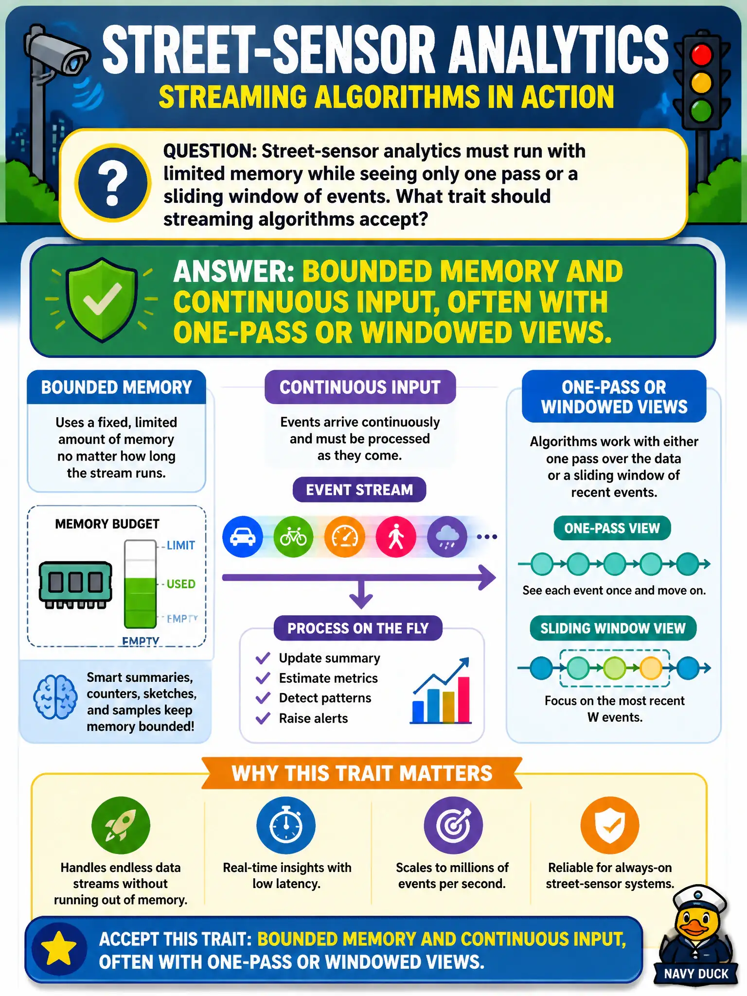 To Create an exciting colorful infographic that explains the concepts in the question: Question: Street-sensor analytics must run with limited memory while seeing only one pass or a sliding window of events. What trait should streaming algorithms accept? Correct Answer: Bounded memory and continuous input, often with one-pass or windowed views. Put EVERY visible label in double quotes. No people. No A/B/C/D letters. In one of the four corners put a little "Navy Duck".