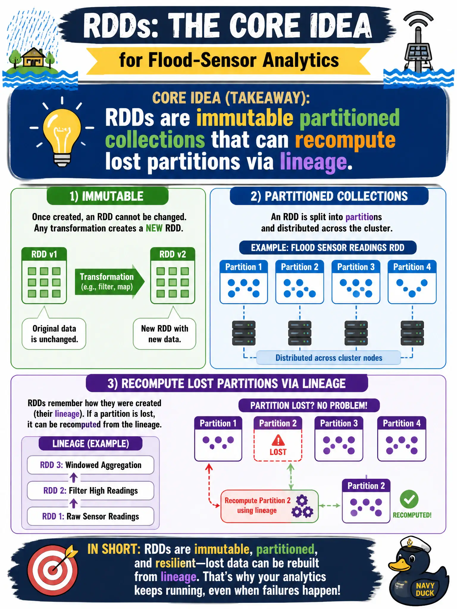 To Create an exciting colorful infographic that explains the concepts in the question: Question: Training material describes Resilient Distributed Datasets for a flood-sensor analytics job. What core idea should staff take away? Correct Answer: RDDs are immutable partitioned collections that can recompute lost partitions via lineage. Put EVERY visible label in double quotes. No people. No A/B/C/D letters. In one of the four corners put a little "Navy Duck".