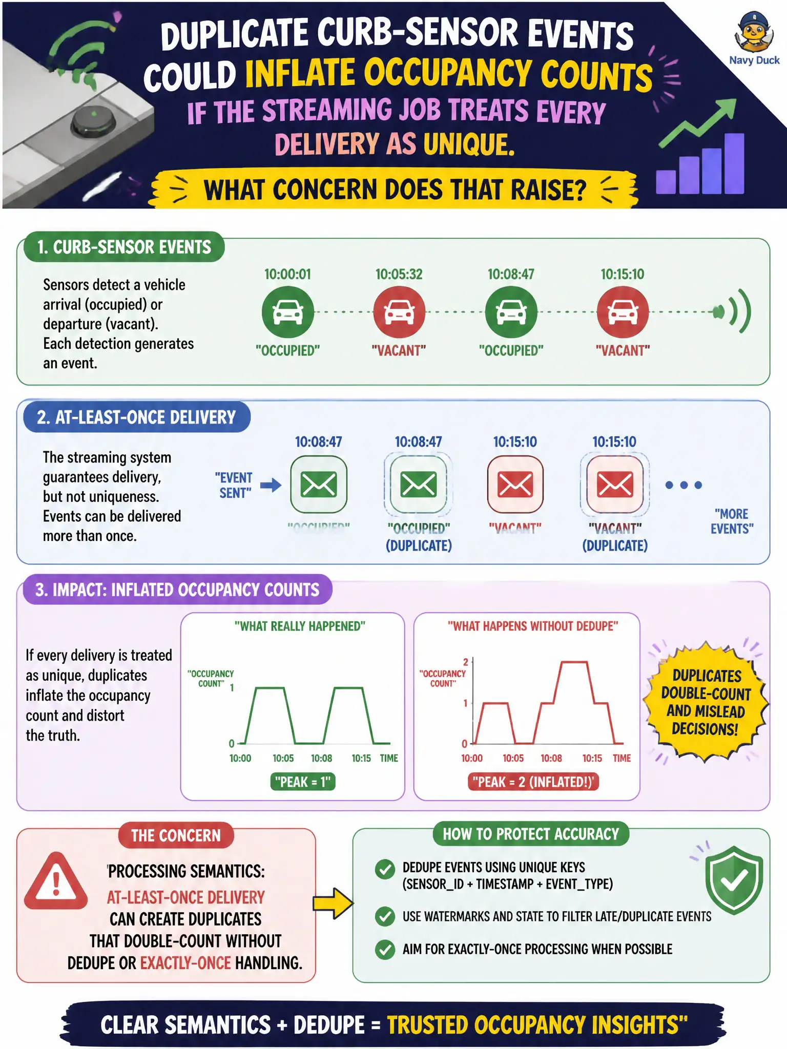 To Create an exciting colorful infographic that explains the concepts in the question: Question: Duplicate curb-sensor events could inflate occupancy counts if the streaming job treats every delivery as unique. What concern does that raise? Correct Answer: Processing semantics: at-least-once delivery can create duplicates that double-count without dedupe or exactly-once handling. Put EVERY visible label in double quotes. No people. No A/B/C/D letters. In one of the four corners put a little "Navy Duck".