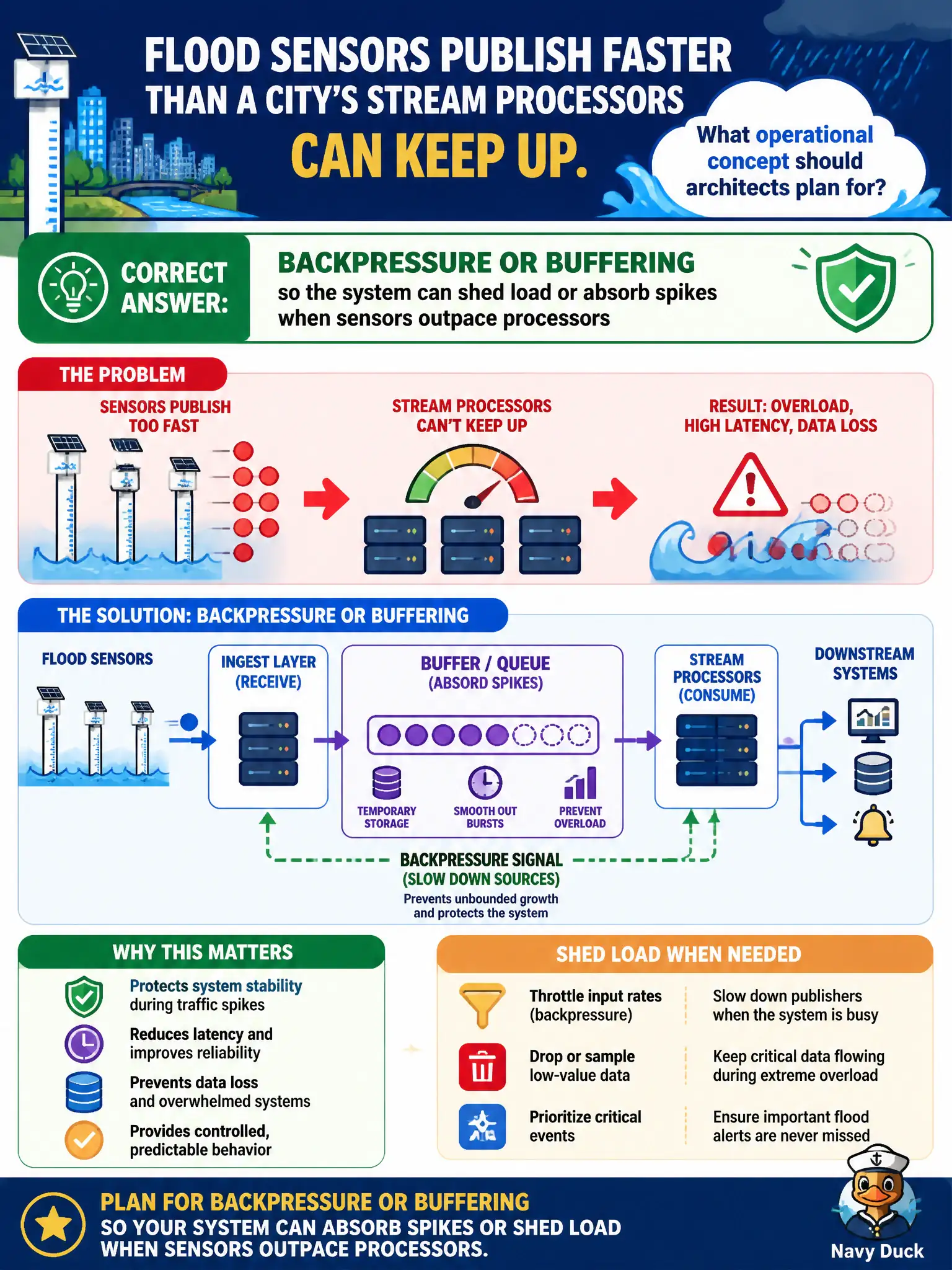 To Create an exciting colorful infographic that explains the concepts in the question: Question: Flood sensors publish faster than a city's stream processors can keep up. What operational concept should architects plan for? Correct Answer: Backpressure or buffering so the system can shed load or absorb spikes when sensors outpace processors Put EVERY visible label in double quotes. No people. No A/B/C/D letters. In one of the four corners put a little "Navy Duck".