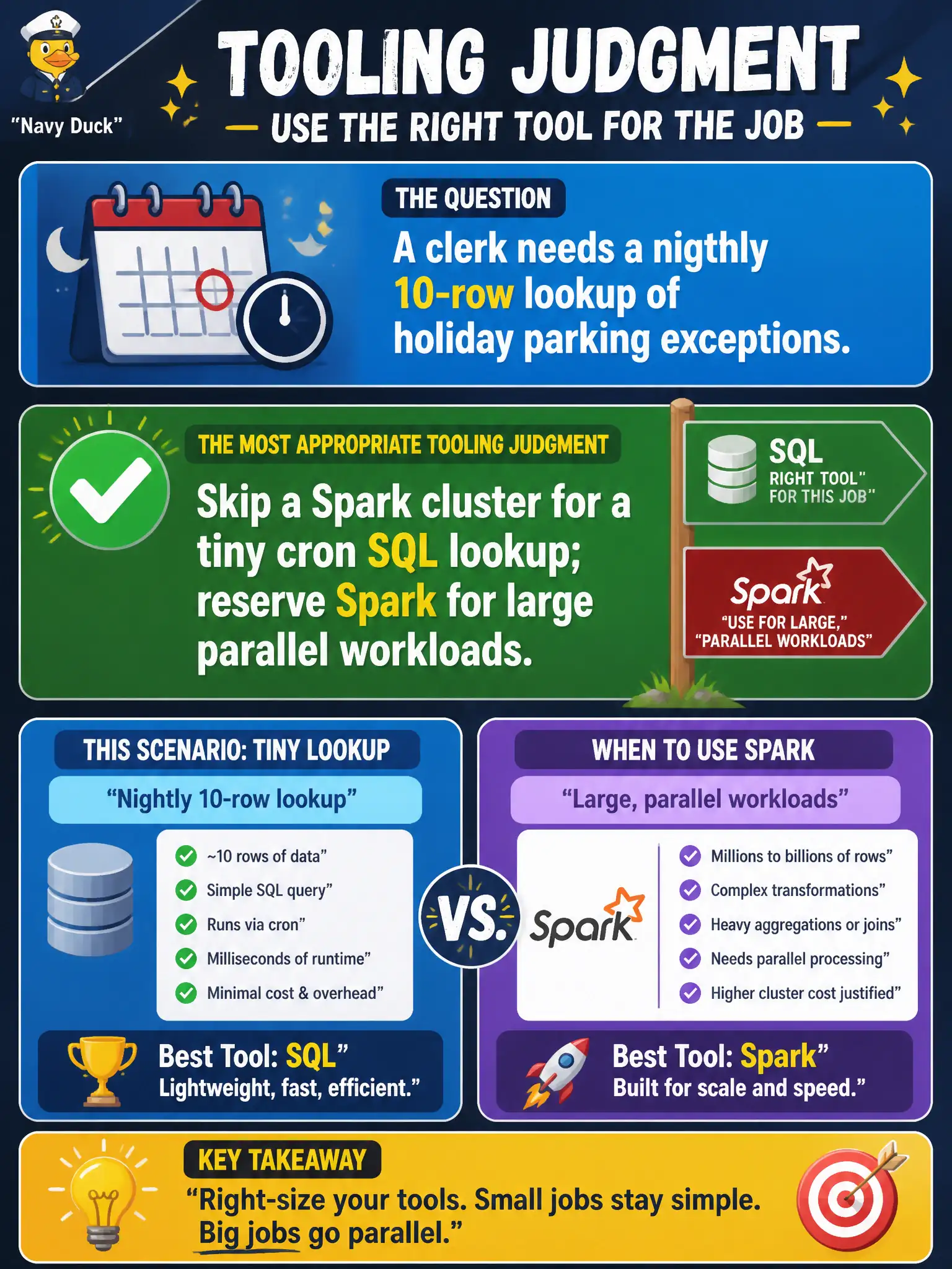 To Create an exciting colorful infographic that explains the concepts in the question: Question: A clerk needs a nightly 10-row lookup of holiday parking exceptions. What is the most appropriate tooling judgment? Correct Answer: Skip a Spark cluster for a tiny cron SQL lookup; reserve Spark for large parallel workloads Put EVERY visible label in double quotes. No people. No A/B/C/D letters. In one of the four corners put a little "Navy Duck".