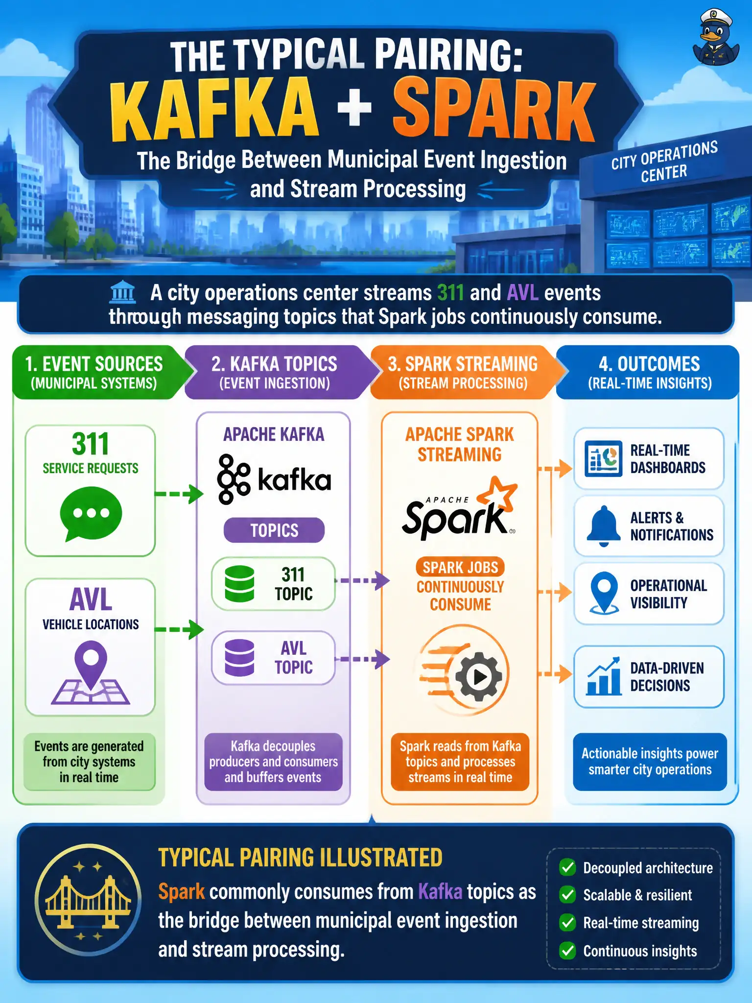 To Create an exciting colorful infographic that explains the concepts in the question: Question: A city operations center streams 311 and AVL events through messaging topics that Spark jobs continuously consume. What typical pairing does this illustrate? Correct Answer: Spark commonly consumes from Kafka topics as the bridge between municipal event ingestion and stream processing Put EVERY visible label in double quotes. No people. No A/B/C/D letters. In one of the four corners put a little "Navy Duck".