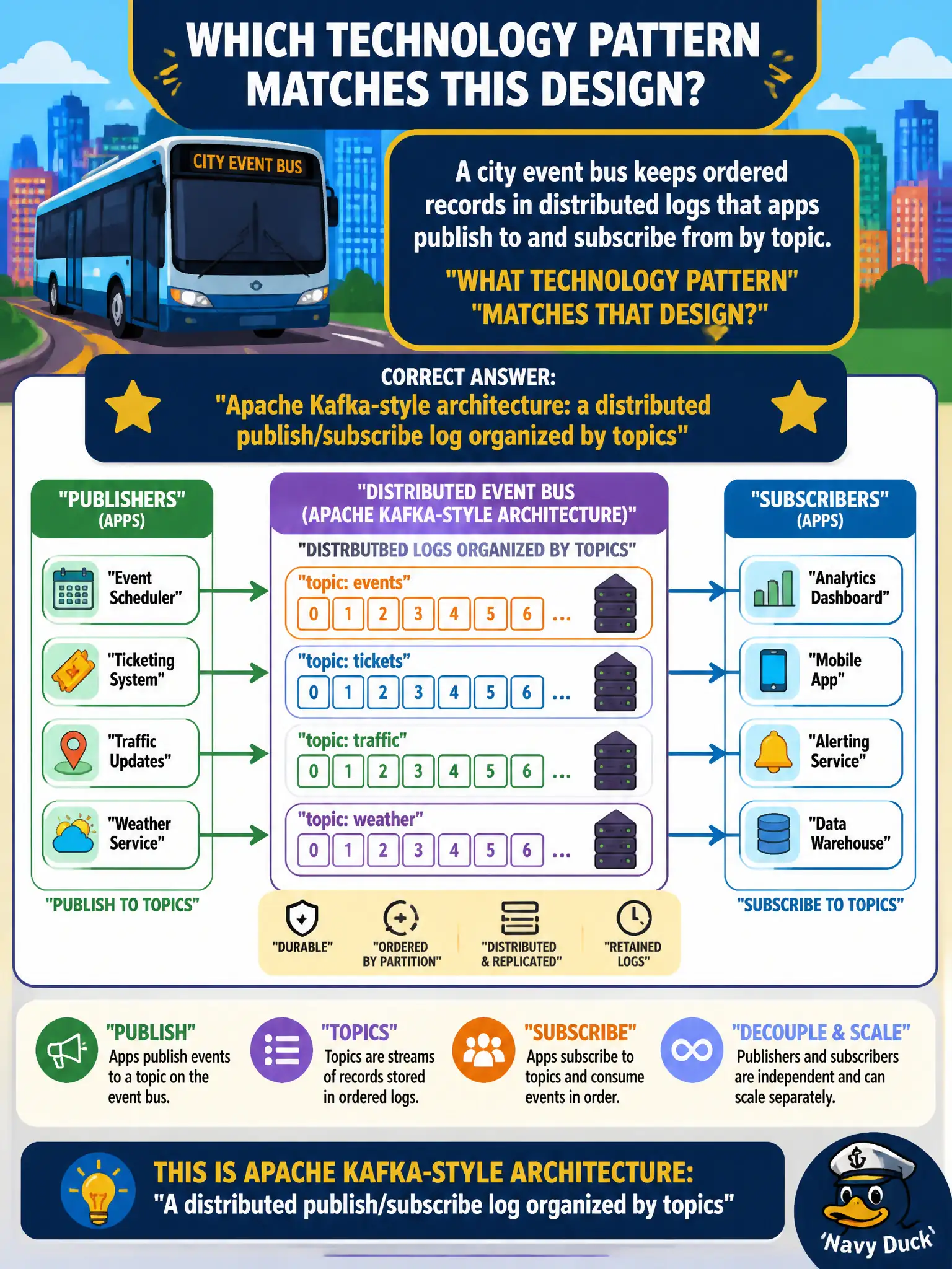 To Create an exciting colorful infographic that explains the concepts in the question: Question: A city event bus keeps ordered records in distributed logs that apps publish to and subscribe from by topic. Which technology pattern matches that design? Correct Answer: Apache Kafka-style architecture: a distributed publish/subscribe log organized by topics Put EVERY visible label in double quotes. No people. No A/B/C/D letters. In one of the four corners put a little "Navy Duck".