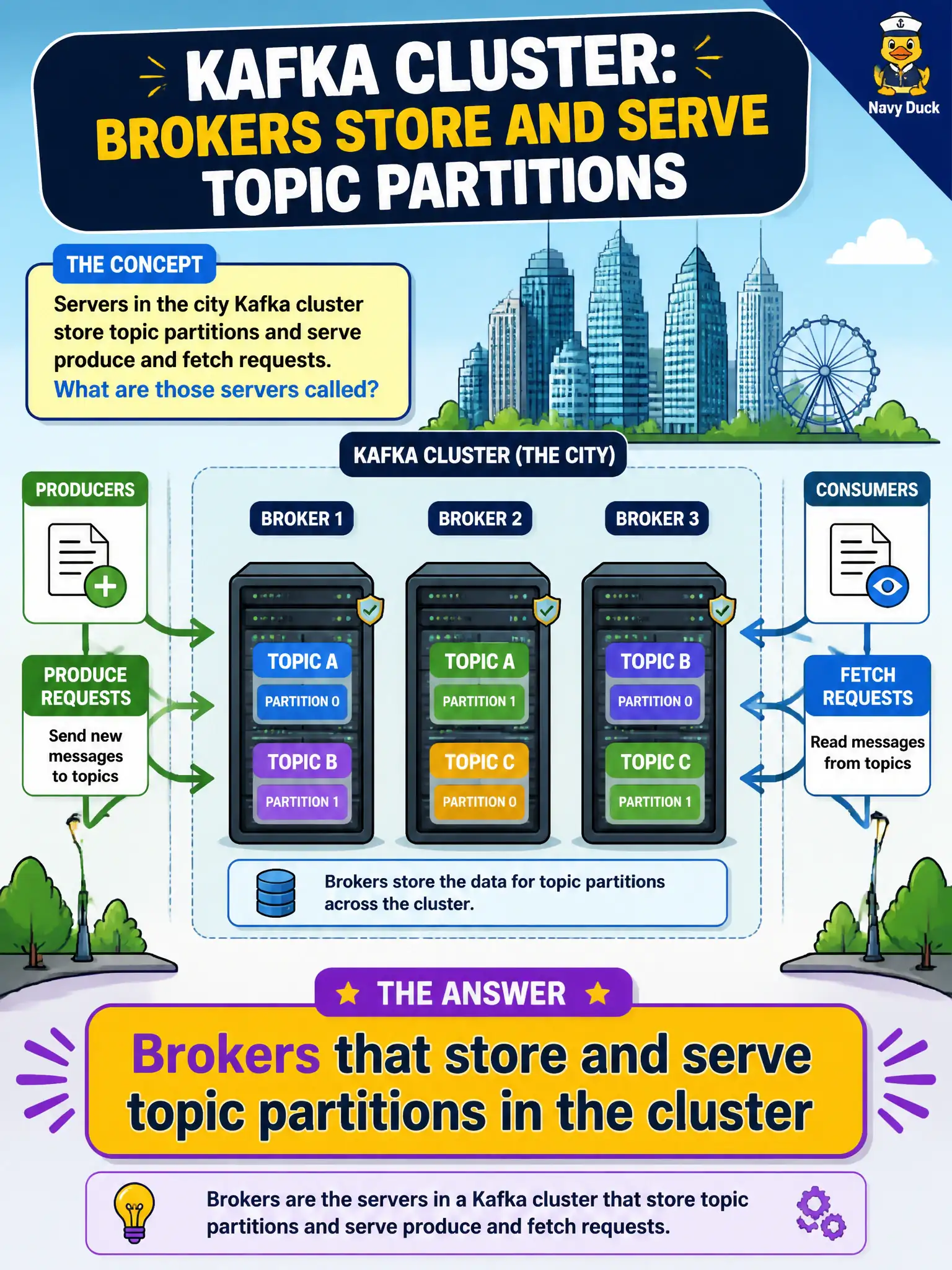 To Create an exciting colorful infographic that explains the concepts in the question: Question: Servers in the city Kafka cluster store topic partitions and serve produce and fetch requests. What are those servers called? Correct Answer: Brokers that store and serve topic partitions in the cluster Put EVERY visible label in double quotes. No people. No A/B/C/D letters. In one of the four corners put a little "Navy Duck".