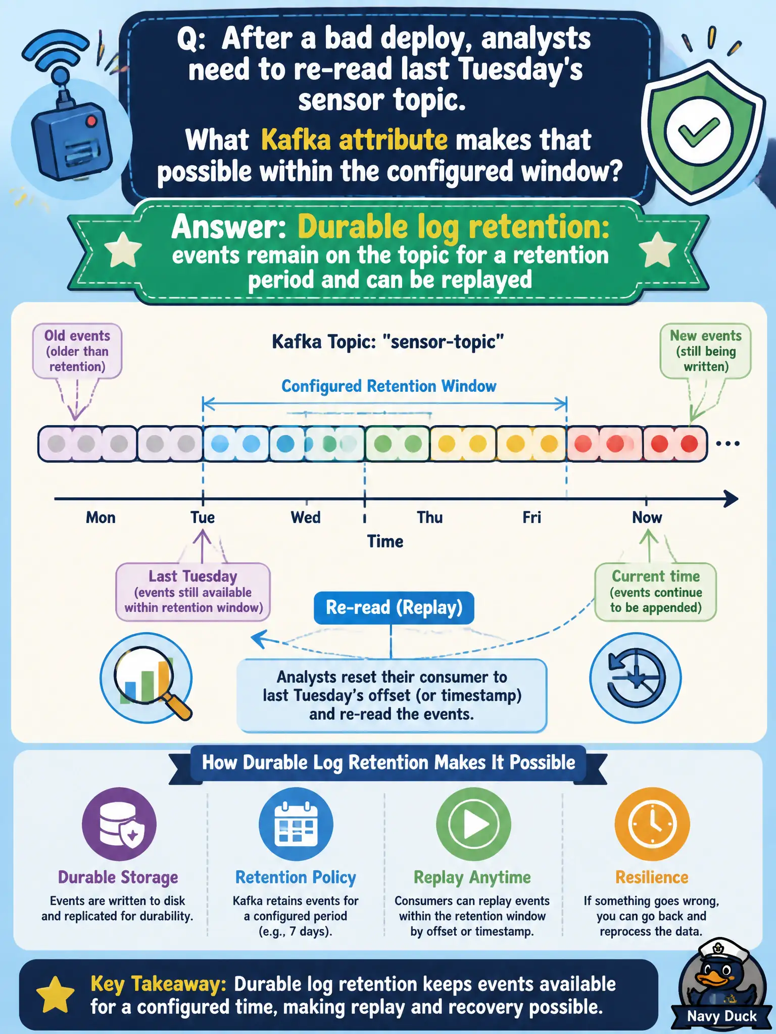 To Create an exciting colorful infographic that explains the concepts in the question: Question: After a bad deploy, analysts need to re-read last Tuesday's sensor topic. What Kafka attribute makes that possible within the configured window? Correct Answer: Durable log retention: events remain on the topic for a retention period and can be replayed Put EVERY visible label in double quotes. No people. No A/B/C/D letters. In one of the four corners put a little "Navy Duck".
