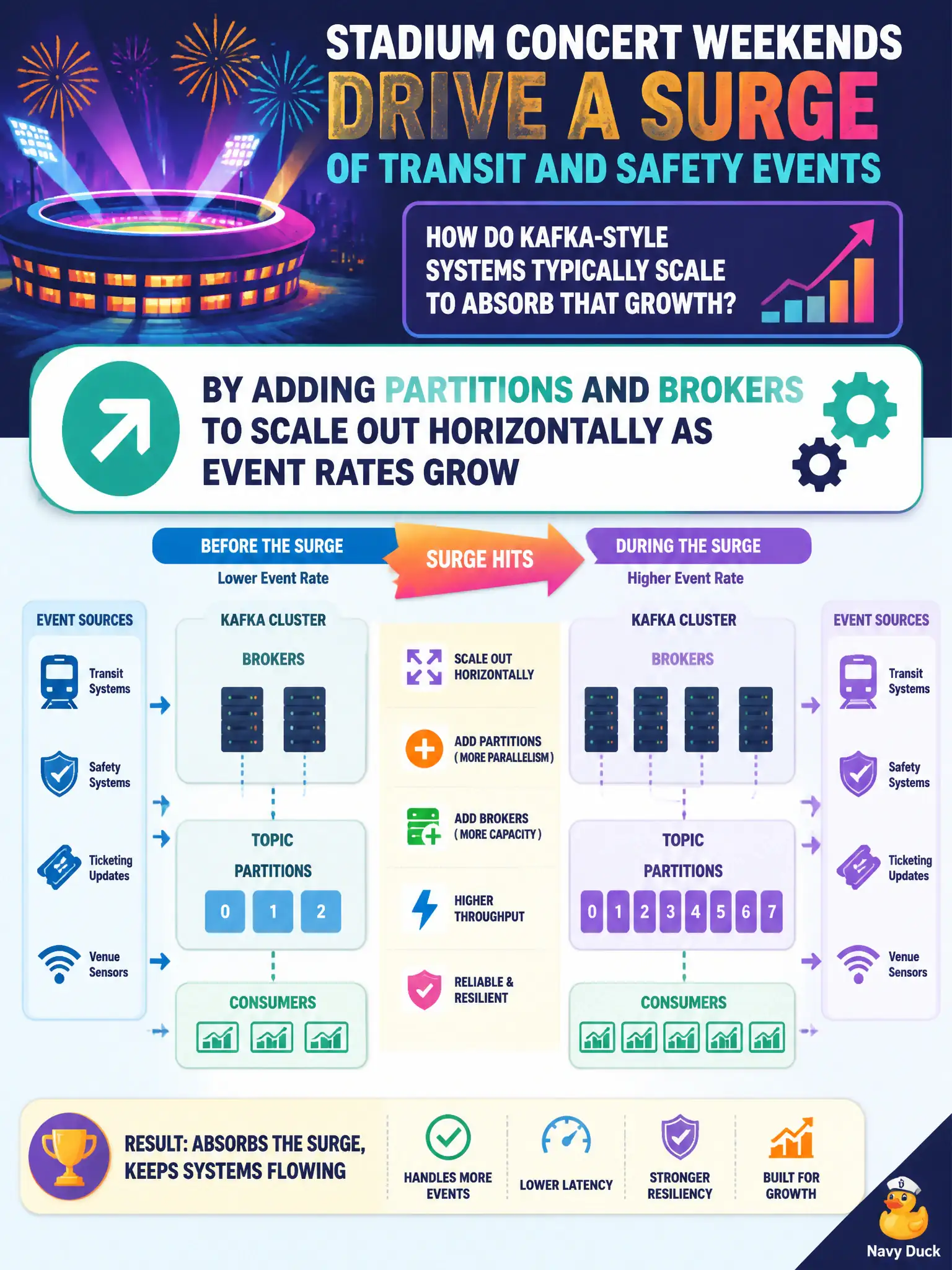 To Create an exciting colorful infographic that explains the concepts in the question: Question: Stadium concert weekends drive a surge of transit and safety events. How do Kafka-style systems typically scale to absorb that growth? Correct Answer: By adding partitions and brokers to scale out horizontally as event rates grow Put EVERY visible label in double quotes. No people. No A/B/C/D letters. In one of the four corners put a little "Navy Duck".