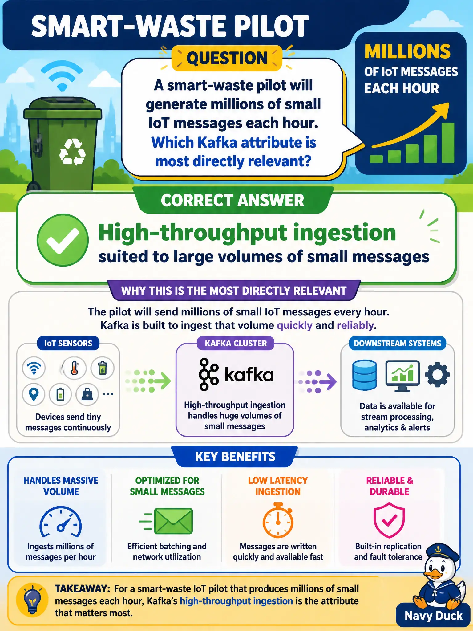 To Create an exciting colorful infographic that explains the concepts in the question: Question: A smart-waste pilot will generate millions of small IoT messages each hour. Which Kafka attribute is most directly relevant? Correct Answer: High-throughput ingestion suited to large volumes of small messages Put EVERY visible label in double quotes. No people. No A/B/C/D letters. In one of the four corners put a little "Navy Duck".