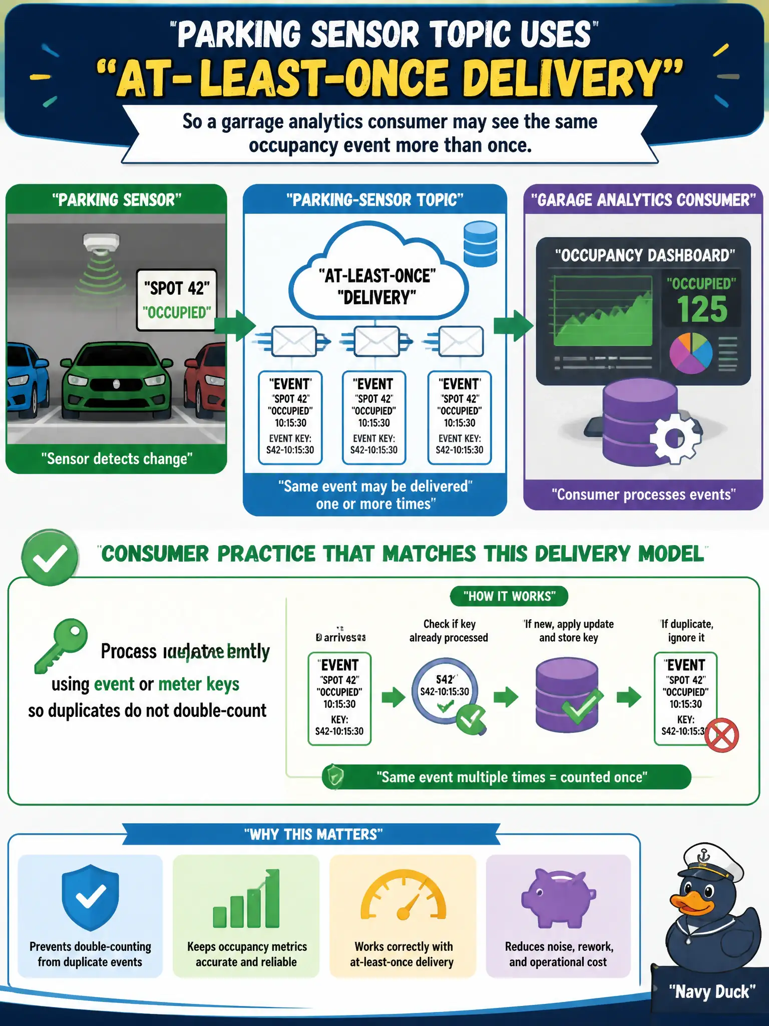 To Create an exciting colorful infographic that explains the concepts in the question: Question: A parking-sensor topic uses at-least-once delivery, so a garage analytics consumer may see the same occupancy event more than once. What consumer practice matches that delivery model? Correct Answer: Process updates idempotently using event or meter keys so duplicates do not double-count Put EVERY visible label in double quotes. No people. No A/B/C/D letters. In one of the four corners put a little "Navy Duck".