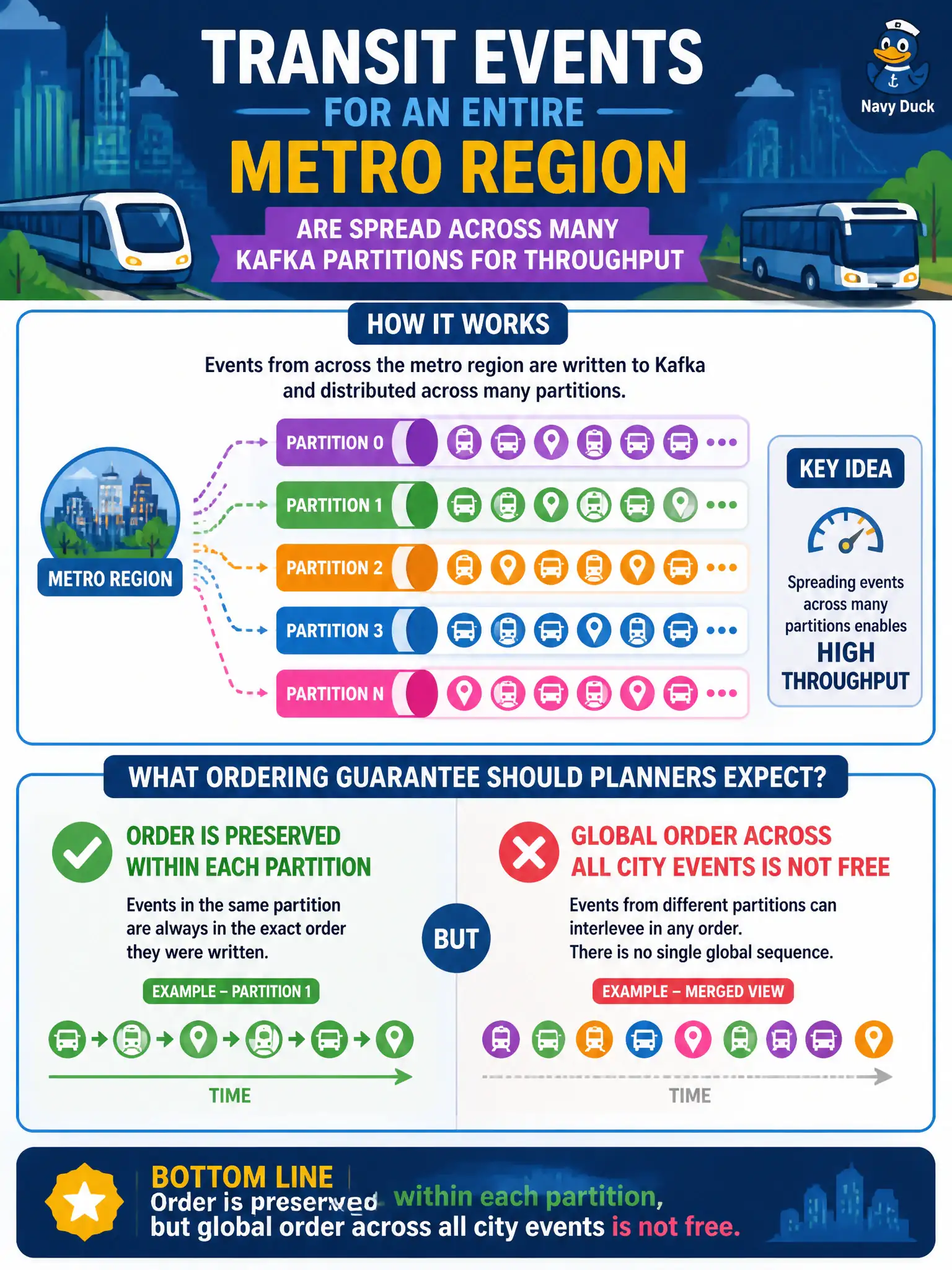 To Create an exciting colorful infographic that explains the concepts in the question: Question: Transit events for an entire metro region are spread across many Kafka partitions for throughput. What ordering guarantee should planners expect? Correct Answer: Order is preserved within each partition, but global order across all city events is not free Put EVERY visible label in double quotes. No people. No A/B/C/D letters. In one of the four corners put a little "Navy Duck".