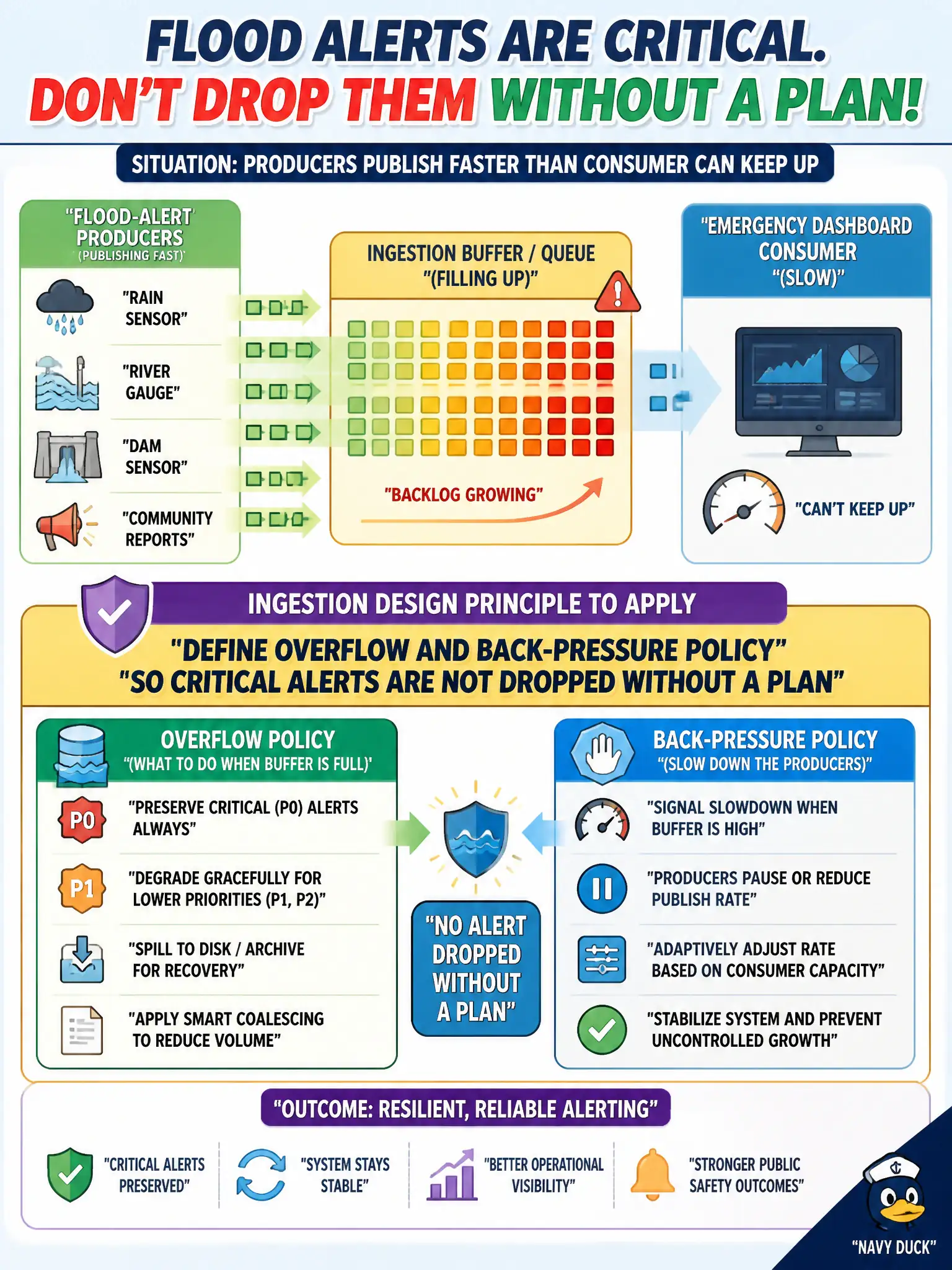 To Create an exciting colorful infographic that explains the concepts in the question: Question: Flood-alert producers keep publishing while a slow emergency dashboard consumer falls behind. What ingestion design principle should the city apply? Correct Answer: Define overflow and back-pressure policy so critical alerts are not dropped without a plan Put EVERY visible label in double quotes. No people. No A/B/C/D letters. In one of the four corners put a little "Navy Duck".