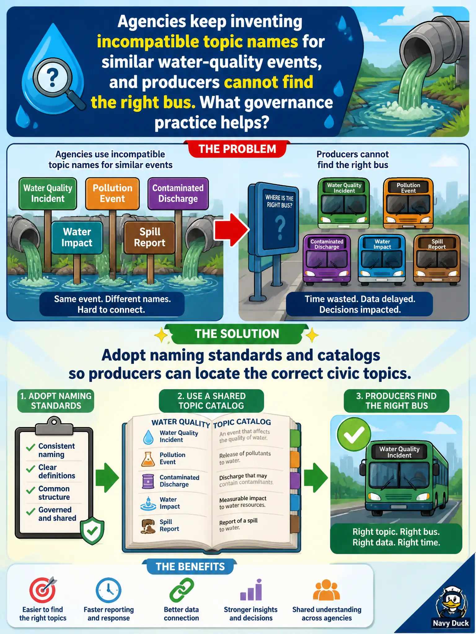 To Create an exciting colorful infographic that explains the concepts in the question: Question: Agencies keep inventing incompatible topic names for similar water-quality events, and producers cannot find the right bus. What governance practice helps? Correct Answer: Adopt naming standards and catalogs so producers can locate the correct civic topics Put EVERY visible label in double quotes. No people. No A/B/C/D letters. In one of the four corners put a little "Navy Duck".