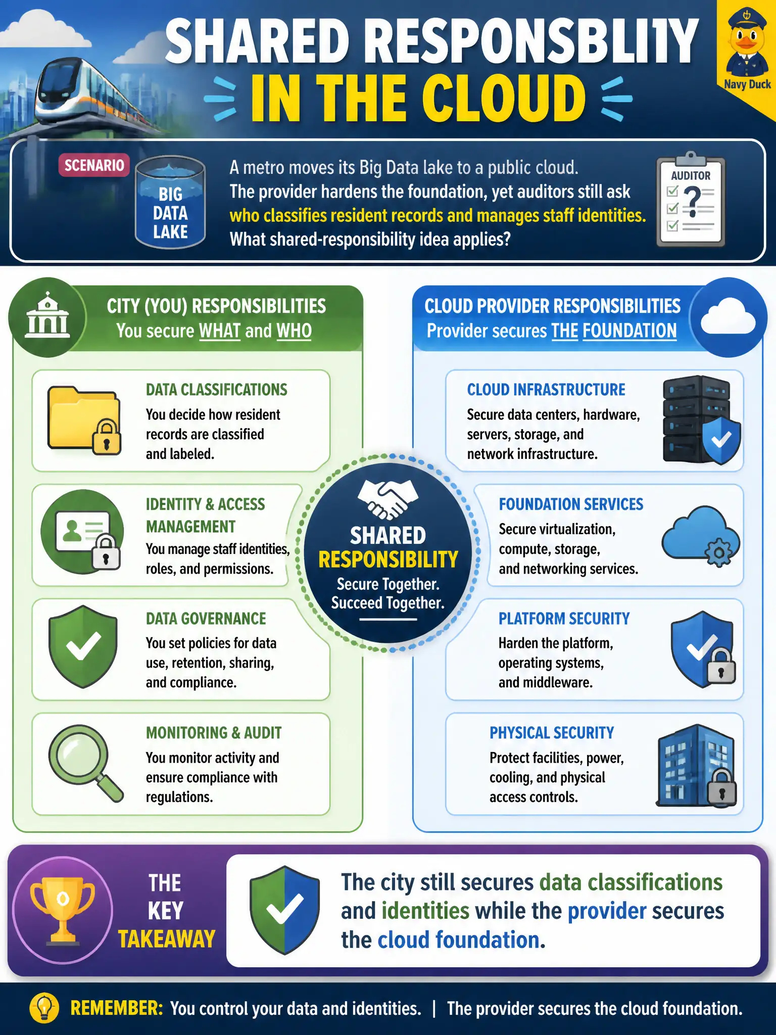 To Create an exciting colorful infographic that explains the concepts in the question: Question: A metro moves its Big Data lake to a public cloud. The provider hardens the foundation, yet auditors still ask who classifies resident records and manages staff identities. What shared-responsibility idea applies? Correct Answer: The city still secures data classifications and identities while the provider secures the cloud foundation Put EVERY visible label in double quotes. No people. No A/B/C/D letters. In one of the four corners put a little "Navy Duck".