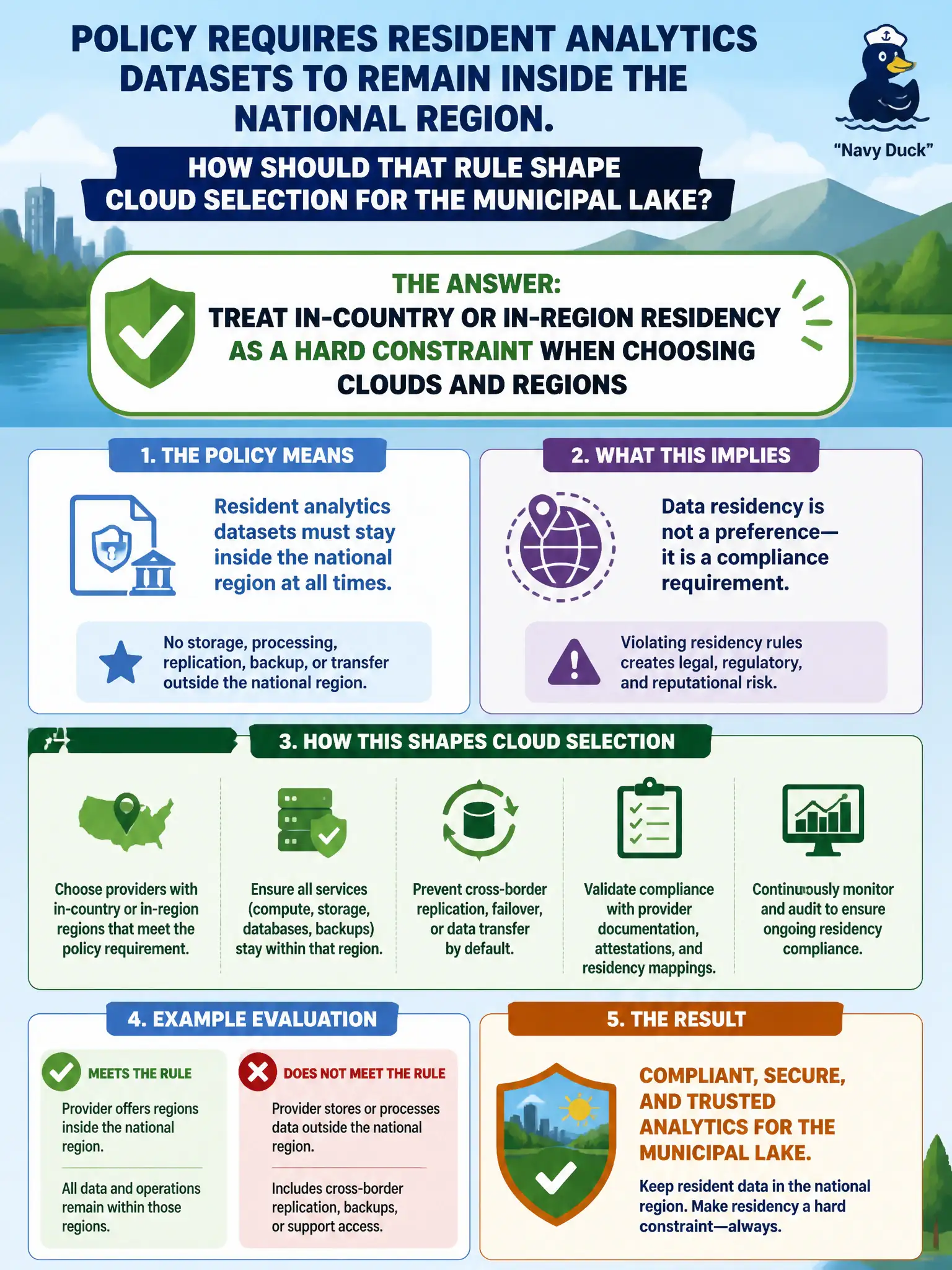To Create an exciting colorful infographic that explains the concepts in the question: Question: Policy requires resident analytics datasets to remain inside the national region. How should that rule shape cloud selection for the municipal lake? Correct Answer: Treat in-country or in-region residency as a hard constraint when choosing clouds and regions Put EVERY visible label in double quotes. No people. No A/B/C/D letters. In one of the four corners put a little "Navy Duck".