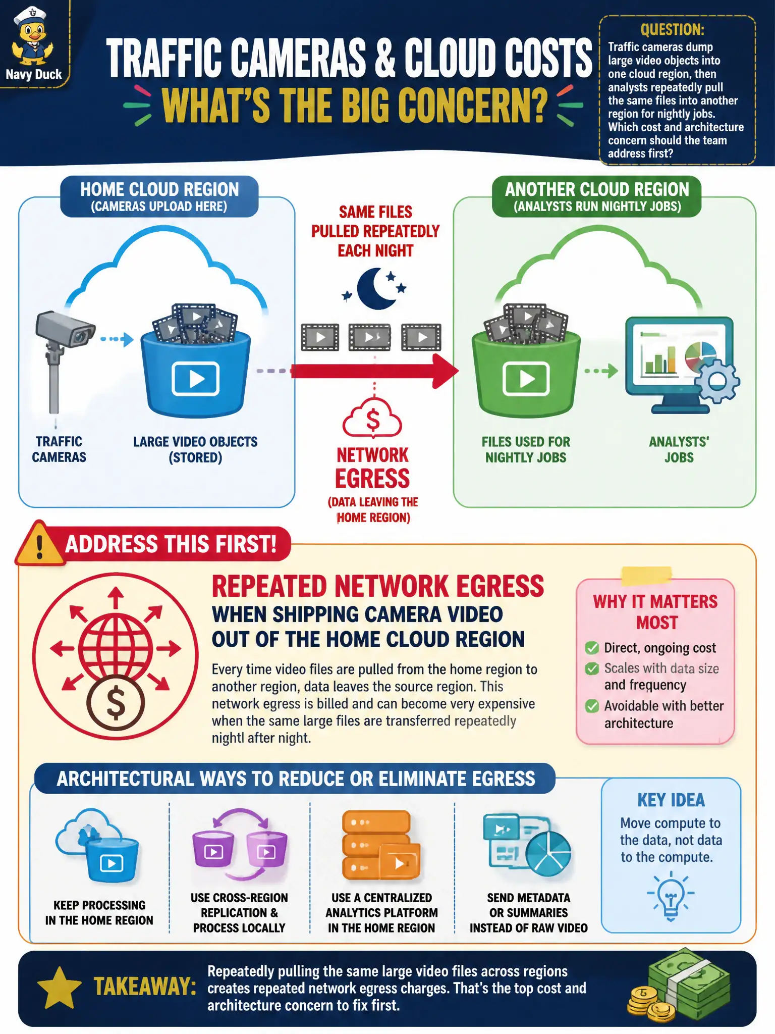 To Create an exciting colorful infographic that explains the concepts in the question: Question: Traffic cameras dump large video objects into one cloud region, then analysts repeatedly pull the same files into another region for nightly jobs. Which cost and architecture concern should the team address first? Correct Answer: Repeated network egress when shipping camera video out of the home cloud region Put EVERY visible label in double quotes. No people. No A/B/C/D letters. In one of the four corners put a little "Navy Duck".
