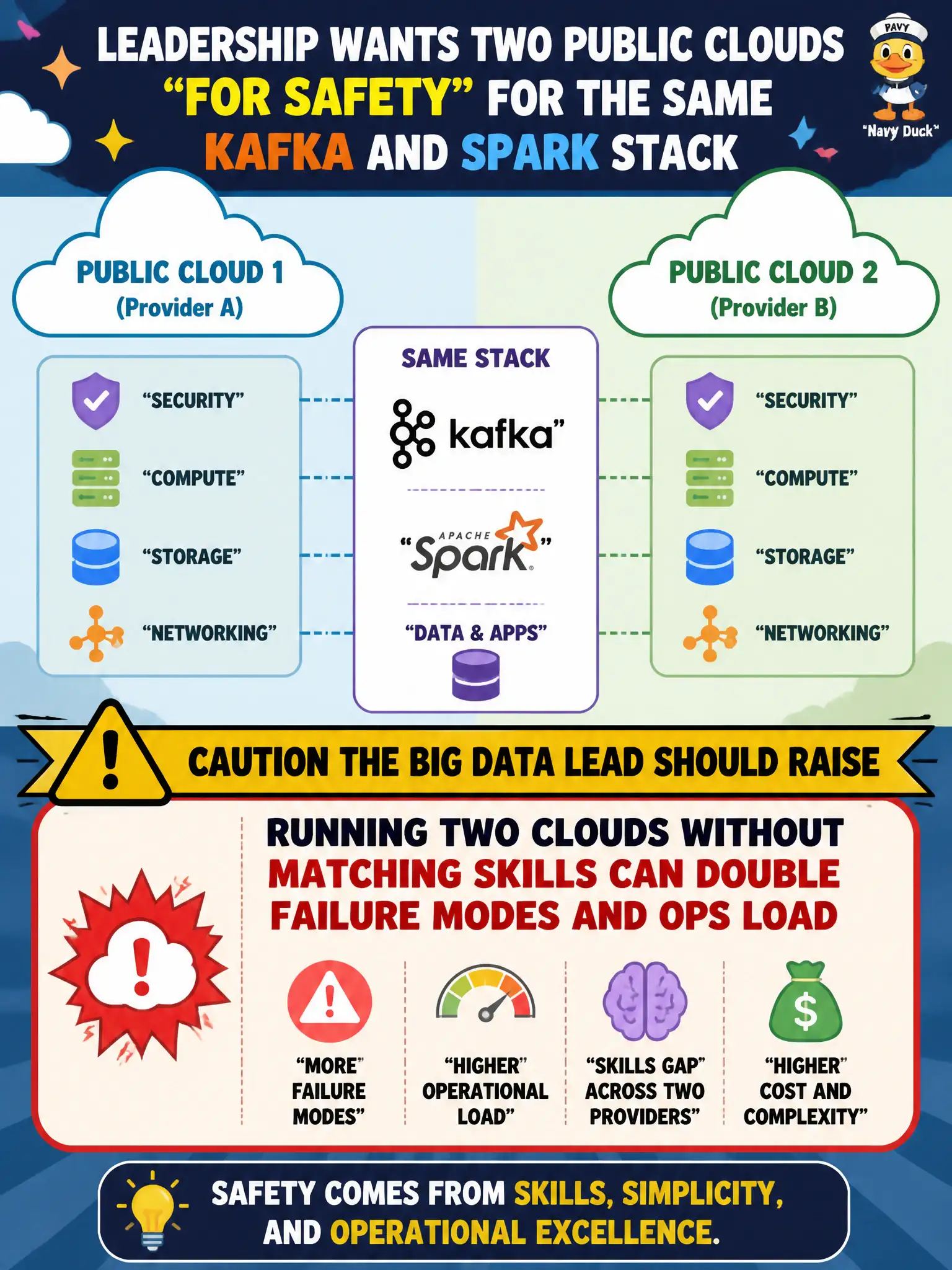 To Create an exciting colorful infographic that explains the concepts in the question: Question: Leadership wants two public clouds “for safety” for the same Kafka and Spark stack, but the city has deep skills in only one provider. What caution should the Big Data lead raise? Correct Answer: Running two clouds without matching skills can double failure modes and ops load Put EVERY visible label in double quotes. No people. No A/B/C/D letters. In one of the four corners put a little "Navy Duck".