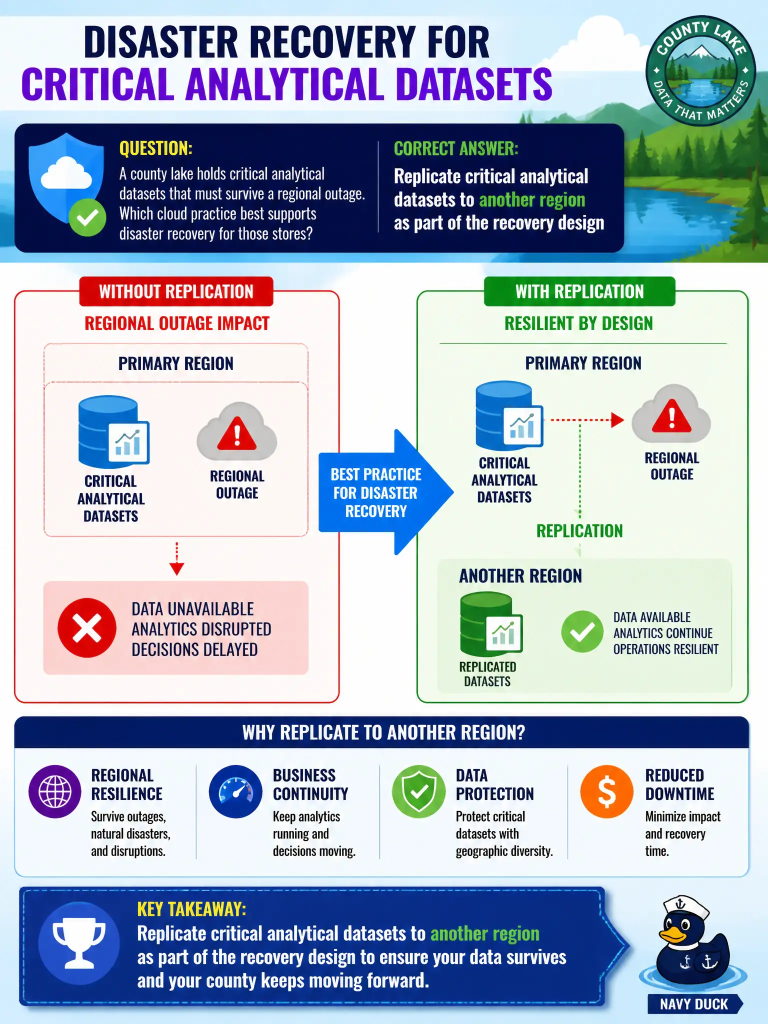 To Create an exciting colorful infographic that explains the concepts in the question: Question: A county lake holds critical analytical datasets that must survive a regional outage. Which cloud practice best supports disaster recovery for those stores? Correct Answer: Replicate critical analytical datasets to another region as part of the recovery design Put EVERY visible label in double quotes. No people. No A/B/C/D letters. In one of the four corners put a little "Navy Duck".