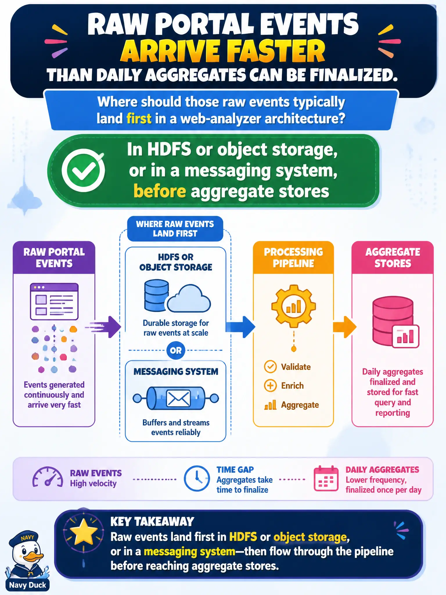 To Create an exciting colorful infographic that explains the concepts in the question: Question: Raw portal events arrive faster than daily aggregates can be finalized. Where should those raw events typically land first in a web-analyzer architecture? Correct Answer: In HDFS or object storage, or in a messaging system, before aggregate stores Put EVERY visible label in double quotes. No people. No A/B/C/D letters. In one of the four corners put a little "Navy Duck".