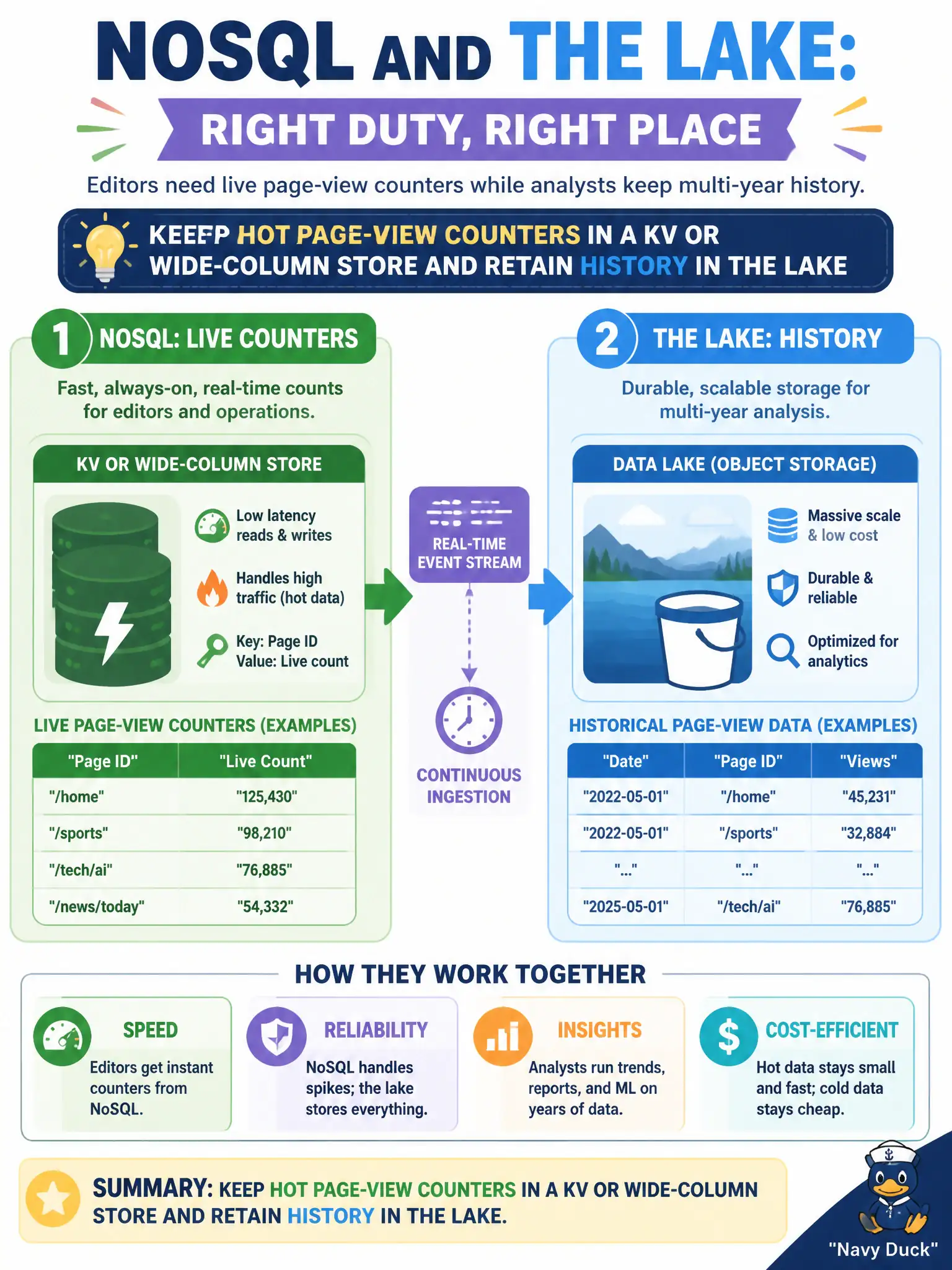 To Create an exciting colorful infographic that explains the concepts in the question: Question: Editors need live page-view counters while analysts keep multi-year history. How should NoSQL and the lake share duties? Correct Answer: Keep hot page-view counters in a KV or wide-column store and retain history in the lake Put EVERY visible label in double quotes. No people. No A/B/C/D letters. In one of the four corners put a little "Navy Duck".